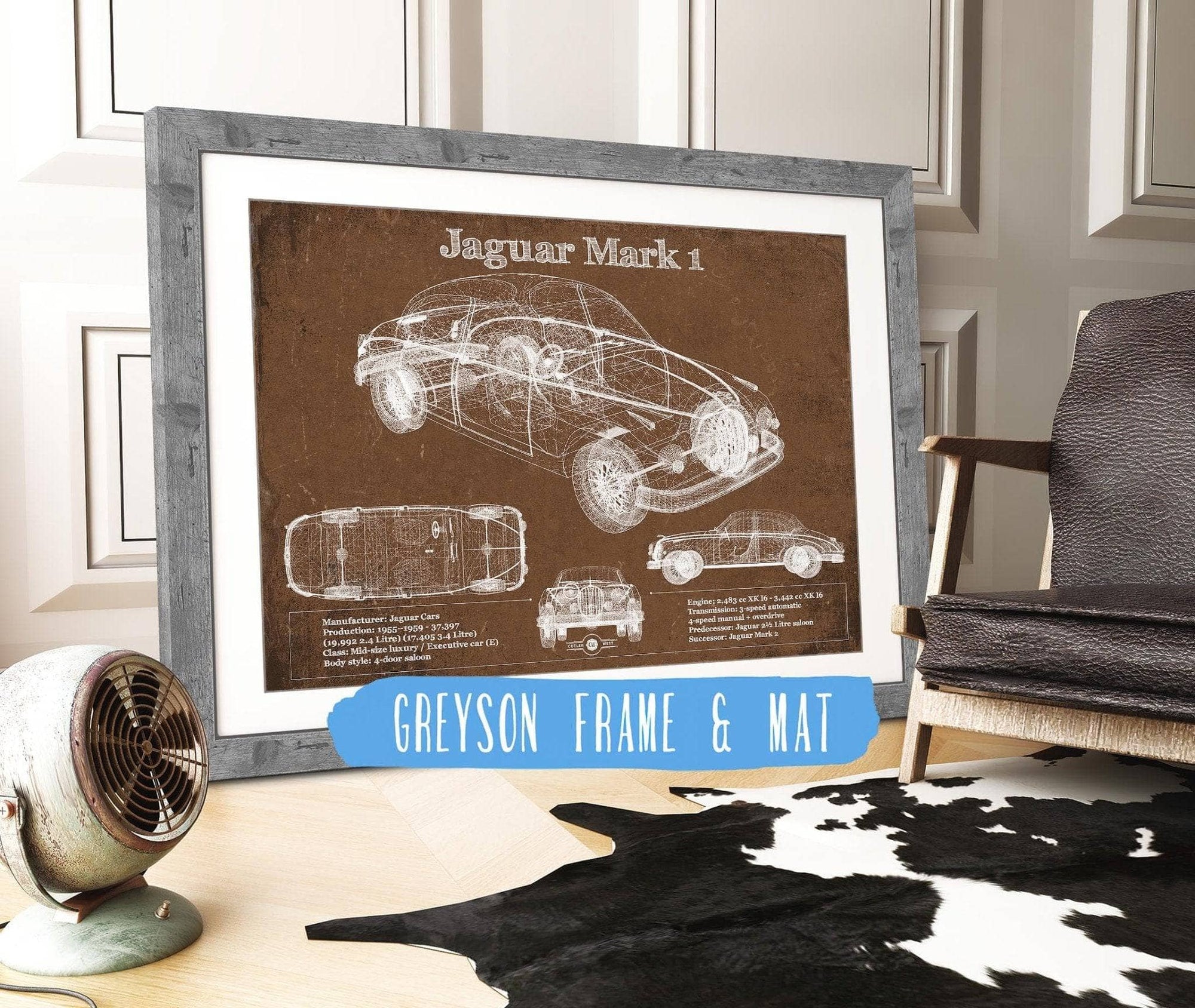 Cutler West Jaguar Collection 14" x 11" / Greyson Frame & Mat Jaguar Mark 1 Saloon Blueprint Vintage Auto Print 933311120_12934