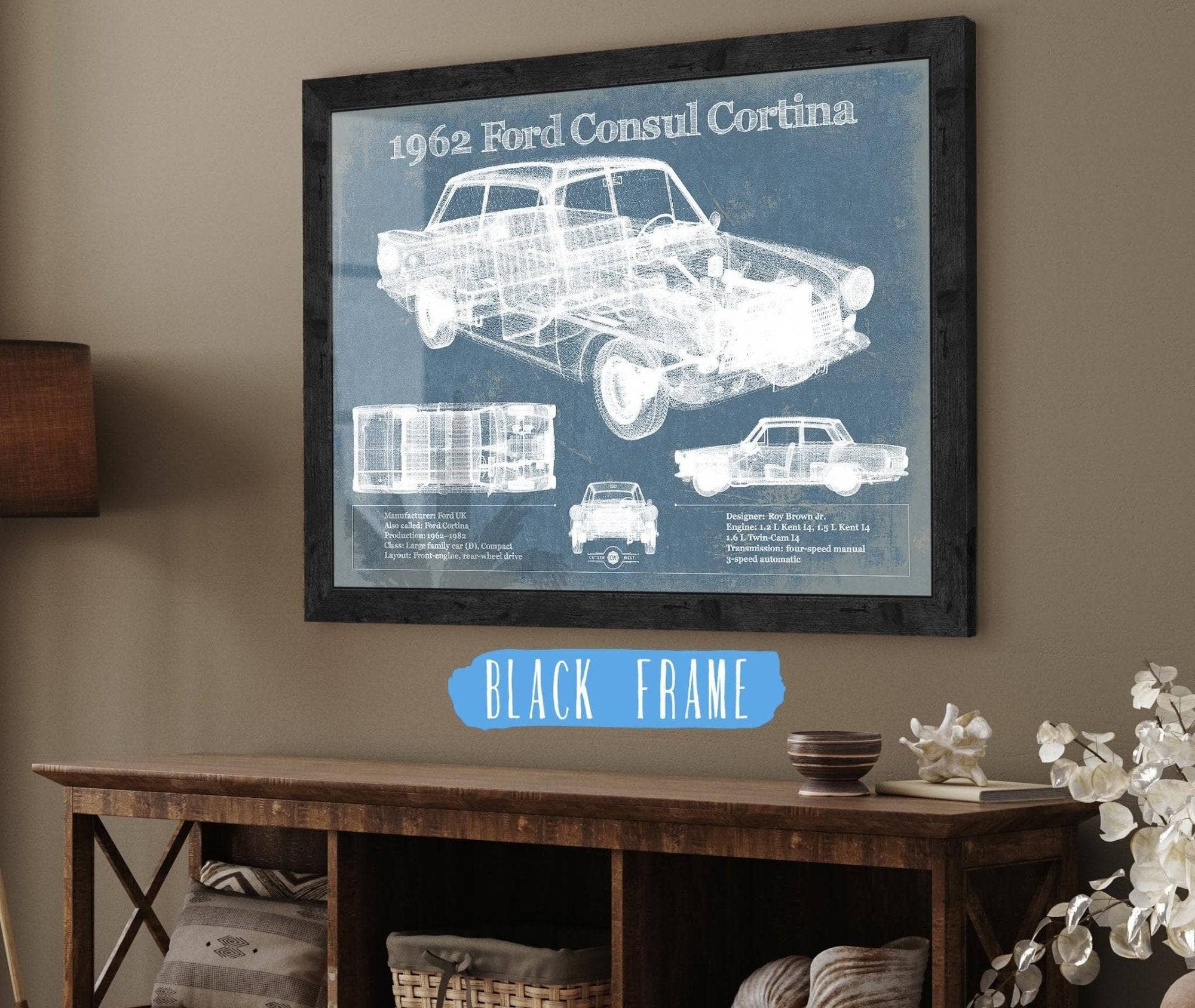 Cutler West Ford Collection 14" x 11" / Black Frame 1962 Ford Consul Cortina Mark I Original Blueprint Art 933311140_34614