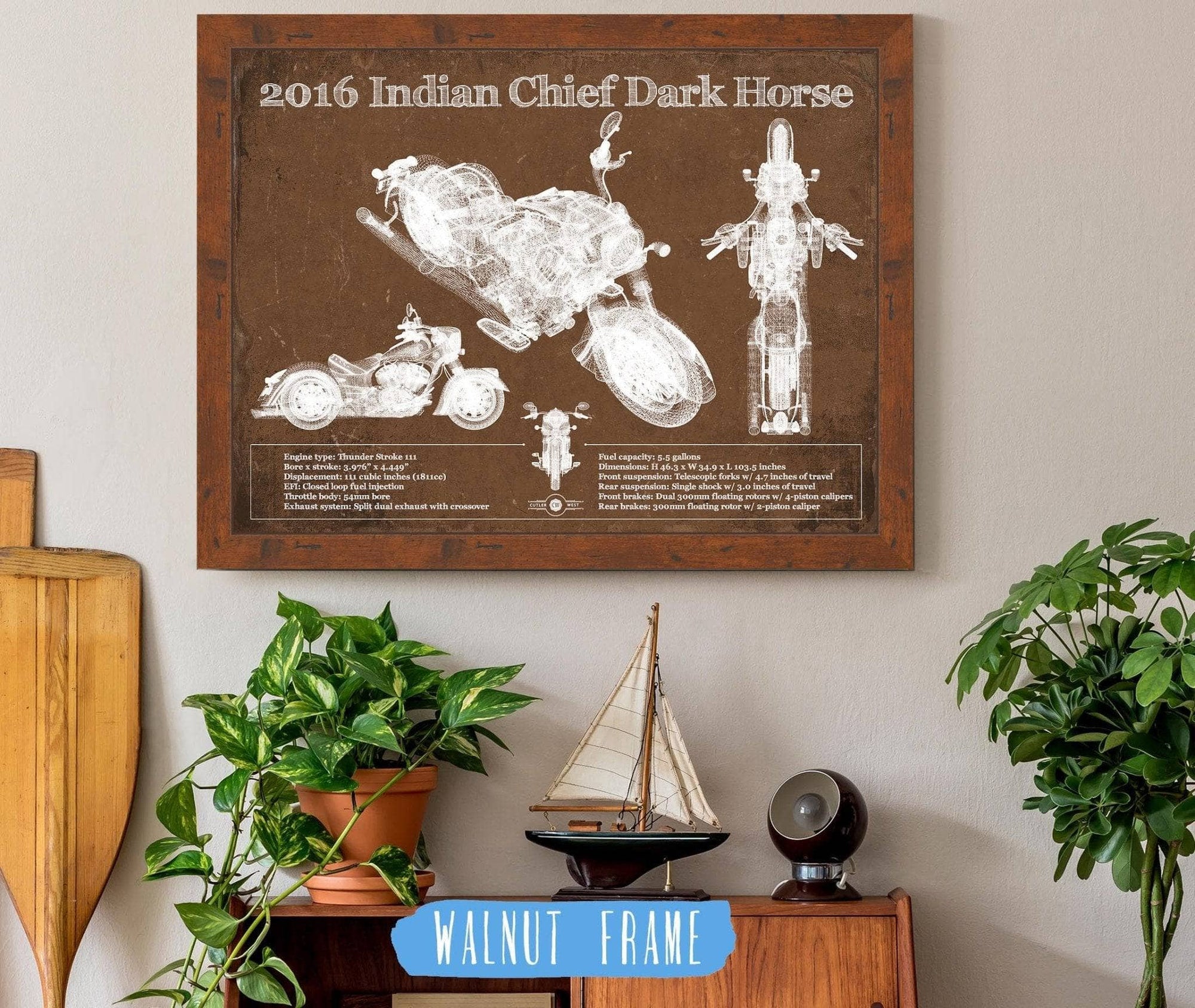 Cutler West 14" x 11" / Walnut Frame 2016-2019 Indian Chief Dark Horse Motorcycle Patent Print 933311134_40160