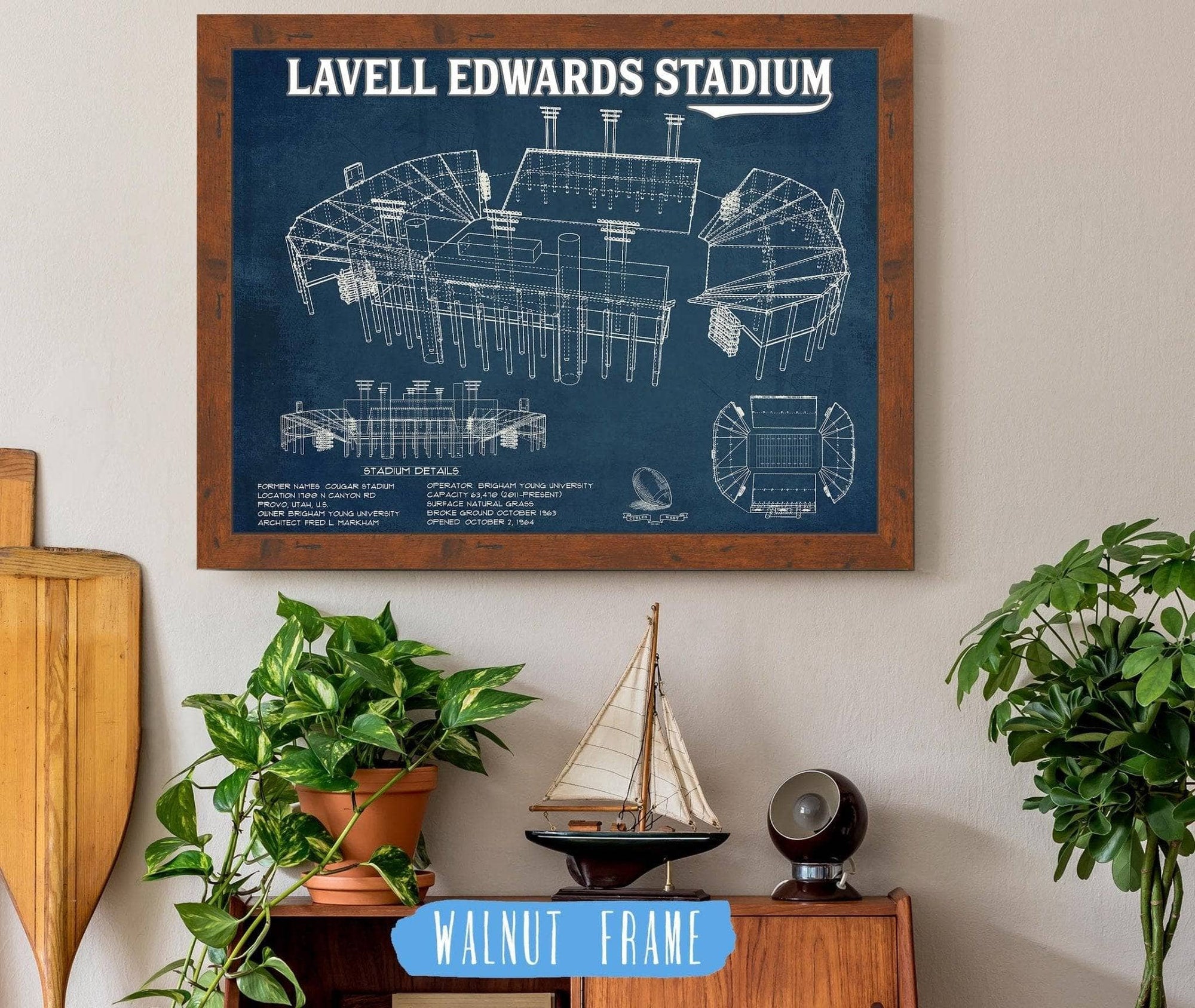 Cutler West College Football Collection 14" x 11" / Walnut Frame BYU Cougars Stadium Art - Lavell Edwards Vintage Stadium & Blueprint Art Print 639921146_45704
