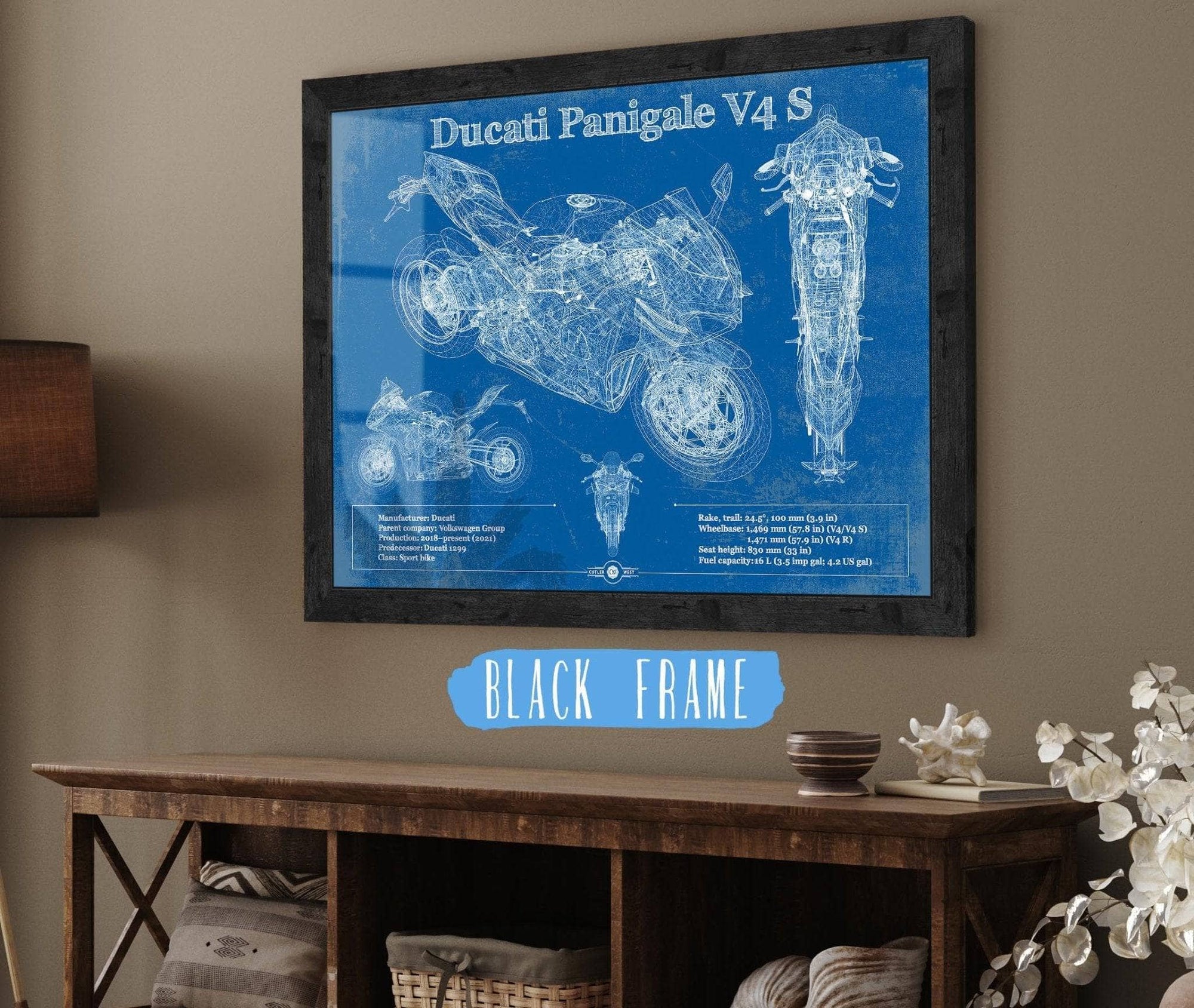 Cutler West 14" x 11" / Black Frame Ducati Streetfighter V4 2020 Blueprint Motorcycle Patent Print 845000240_61344