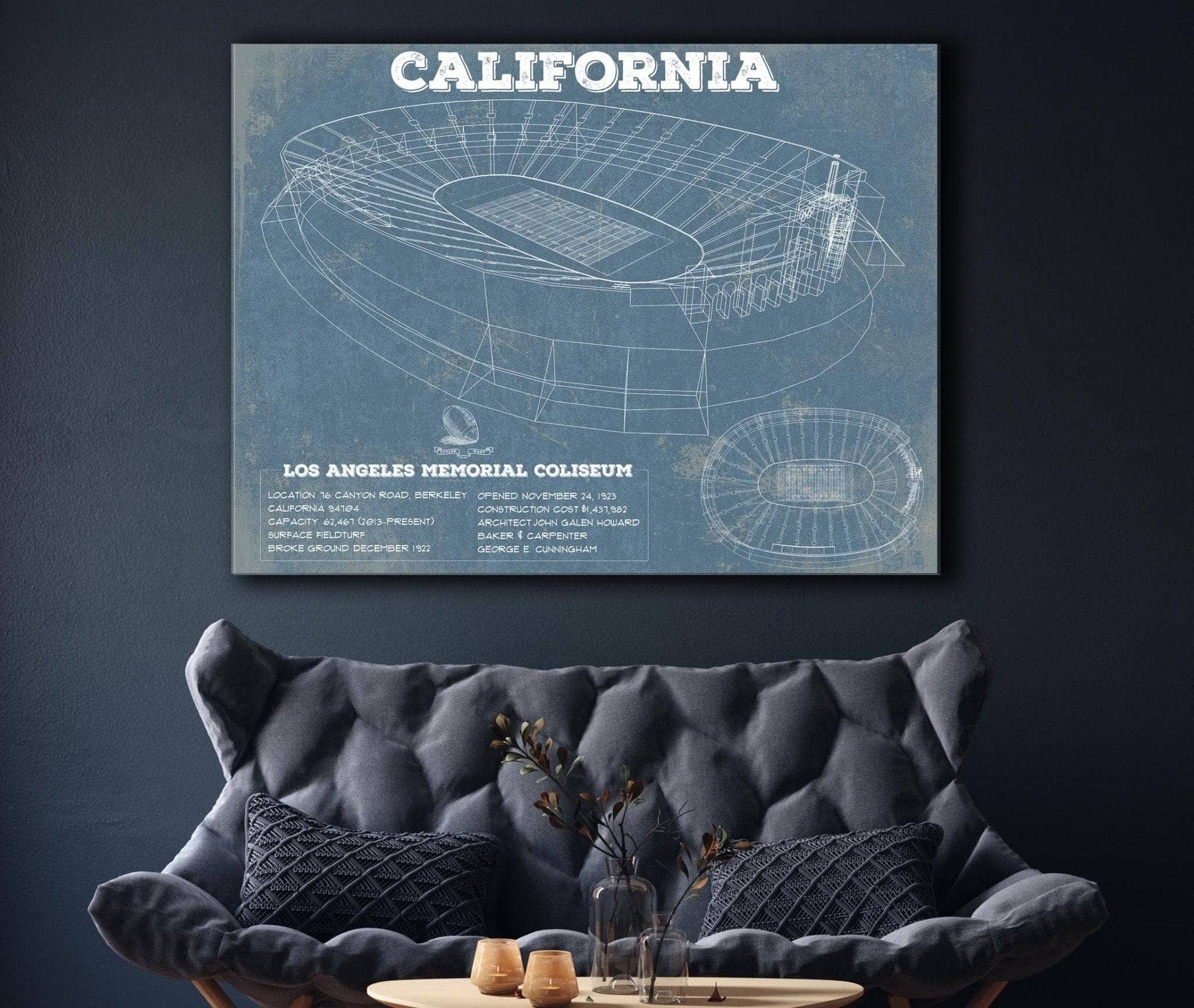 Cutler West College Football Collection California Memorial Stadium Art - University of California Bears Vintage Stadium & Blueprint Art Print