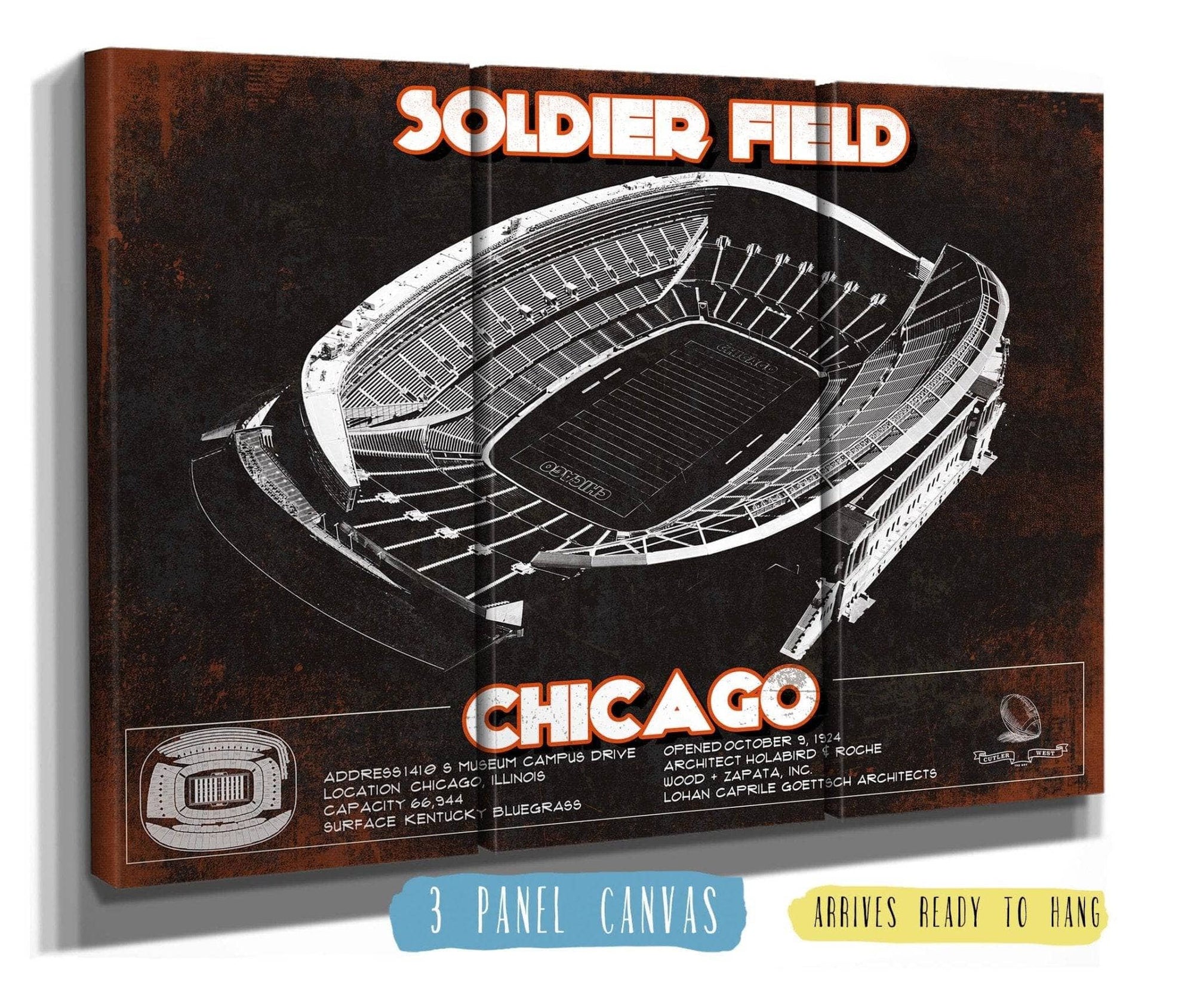 Cutler West Pro Football Collection 48" x 32" / 3 Panel Canvas Wrap Chicago Bears Stadium Seating Chart Soldier Field Vintage Football Print 933350144_31958