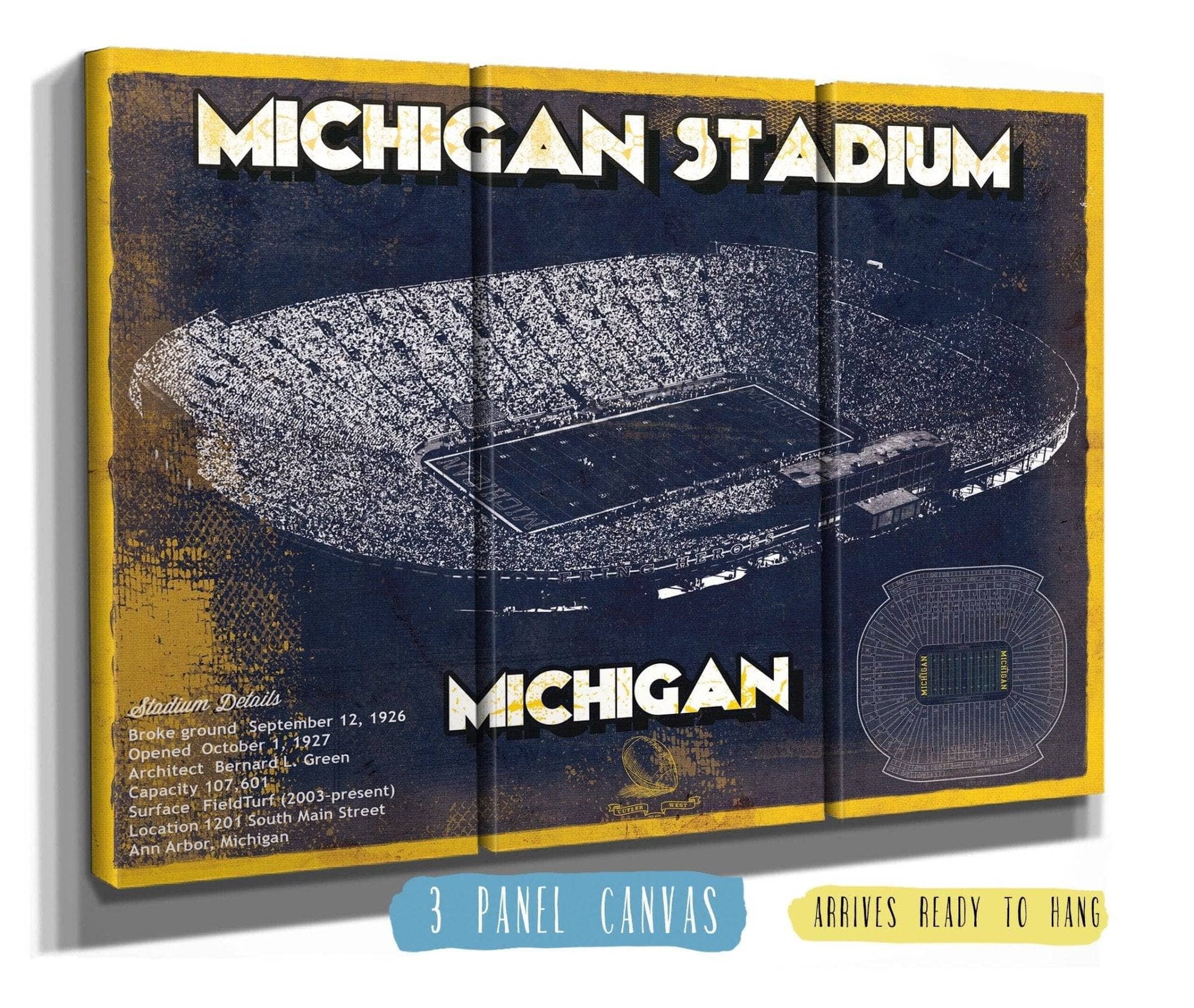 Cutler West College Football Collection 48" x 32" / 3 Panel Canvas Wrap Michigan Wolverines Art - Michigan Stadium Vintage Stadium Blueprint Art Print 729151057-TOP_74041