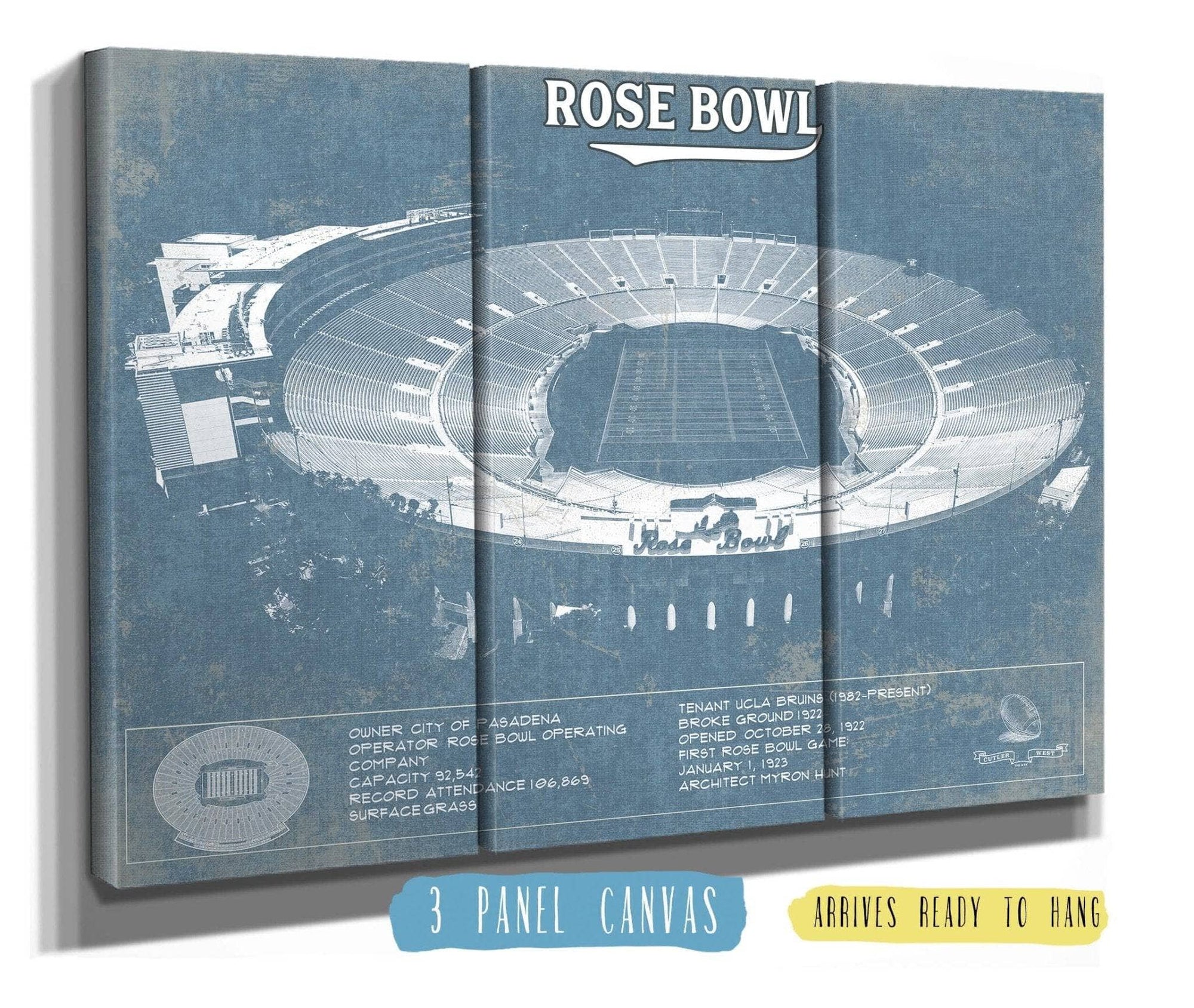 Cutler West College Football Collection 48" x 32" / 3 Panel Canvas Wrap UCLA Bruins Art - Rose Bowl Vintage Stadium Blueprint Art Print 640142750_22932