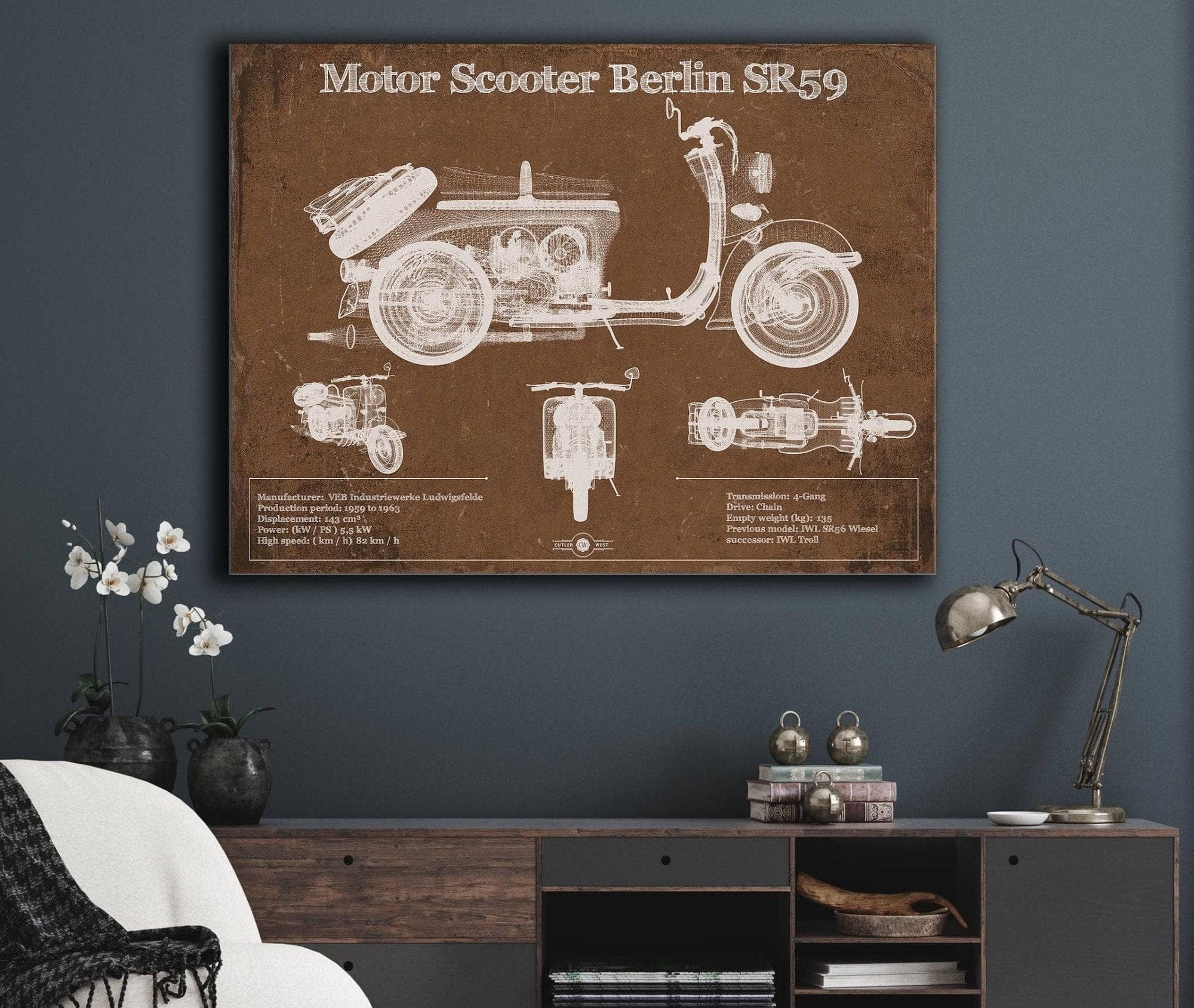 Cutler West Motor Scooter IWL Berlin SR59 Vintage Blueprint Motorcycle Print