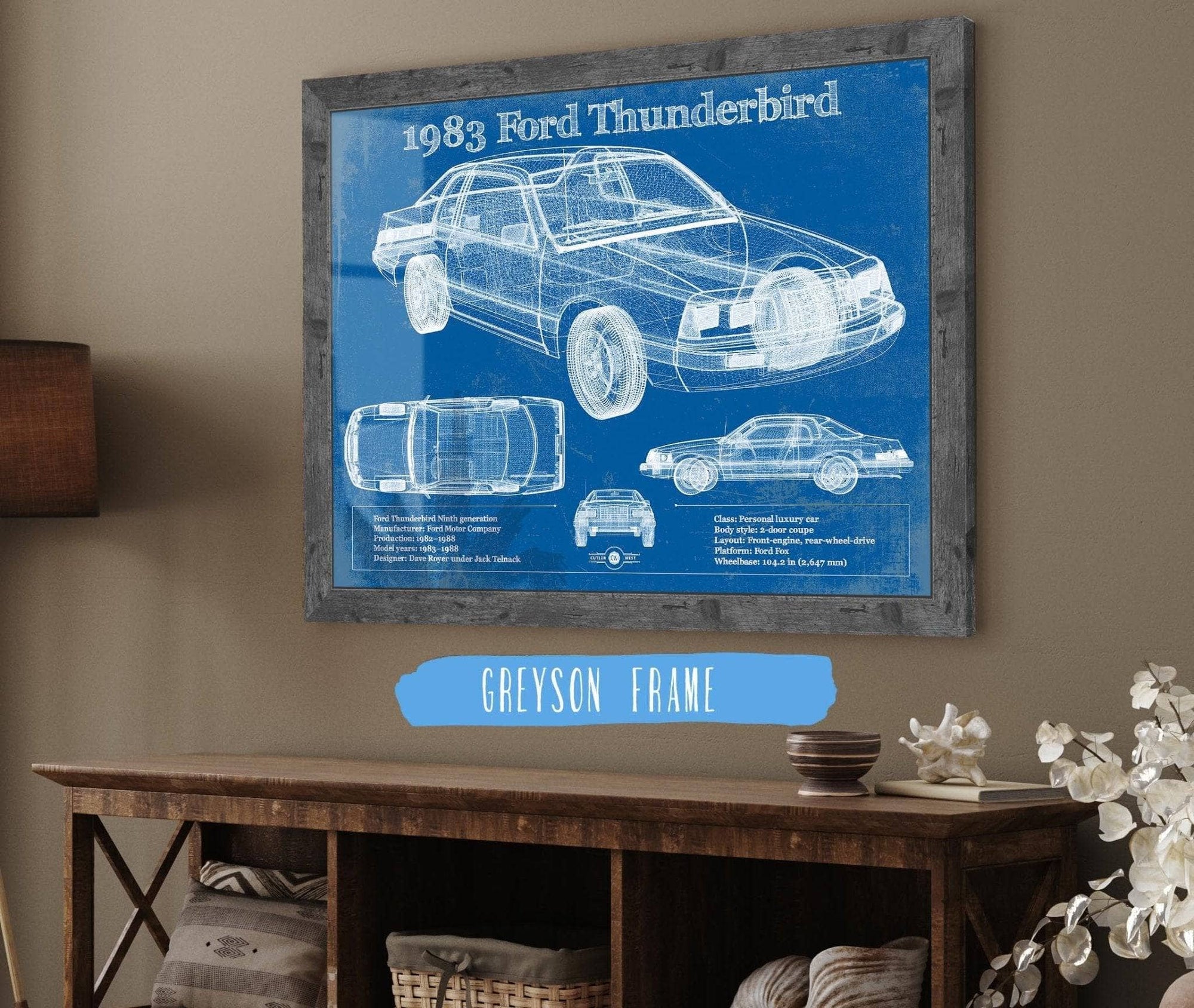 Cutler West Ford Collection 14" x 11" / Greyson Frame 1983 Ford Thunderbird Vintage Blueprint Auto Print 933311011_39966