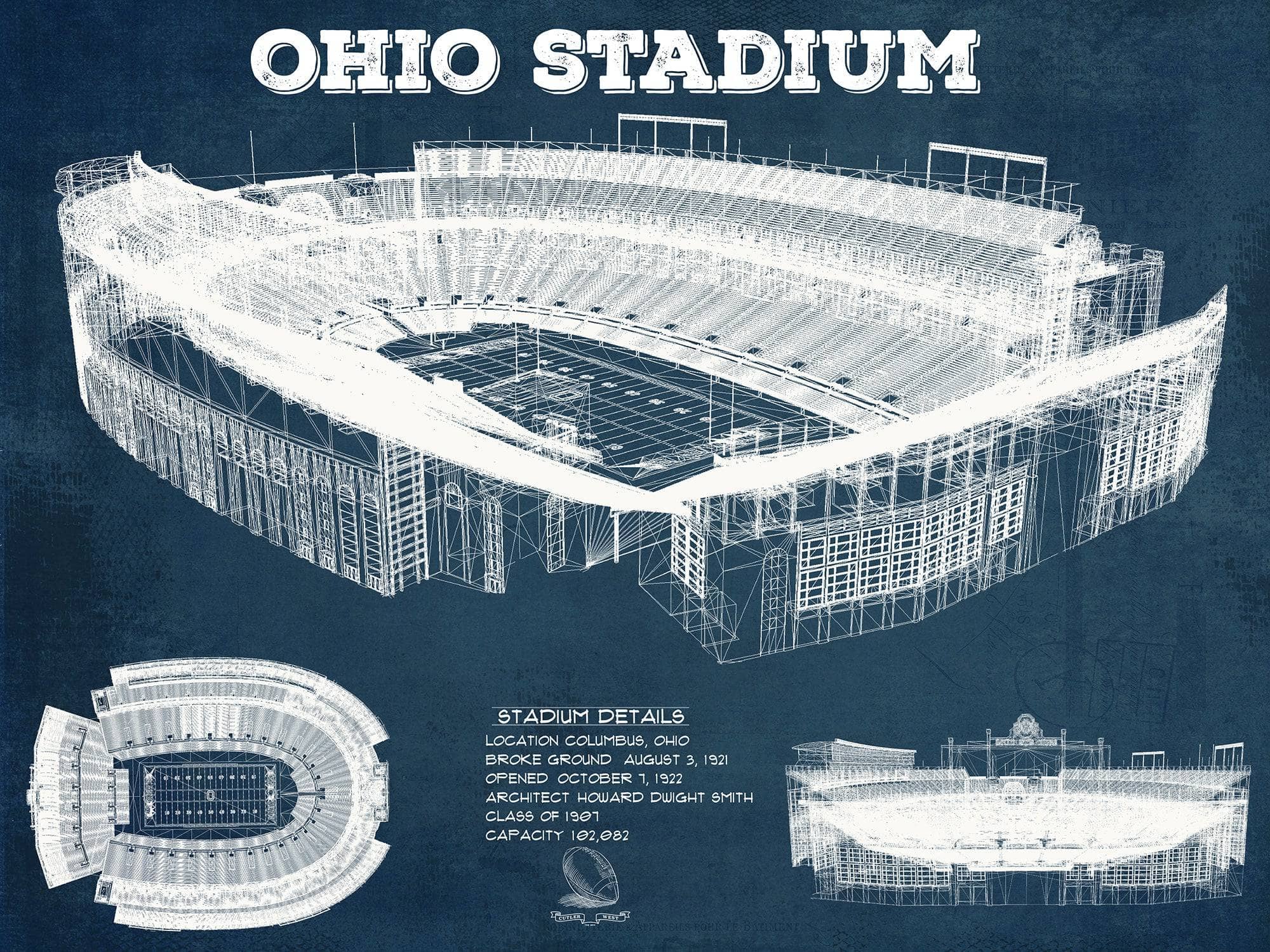 Cutler West College Football Collection 14" x 11" / Unframed Ohio State Buckeyes Art - Ohio Stadium Vintage Stadium Blueprint Art Print 722799226_70295