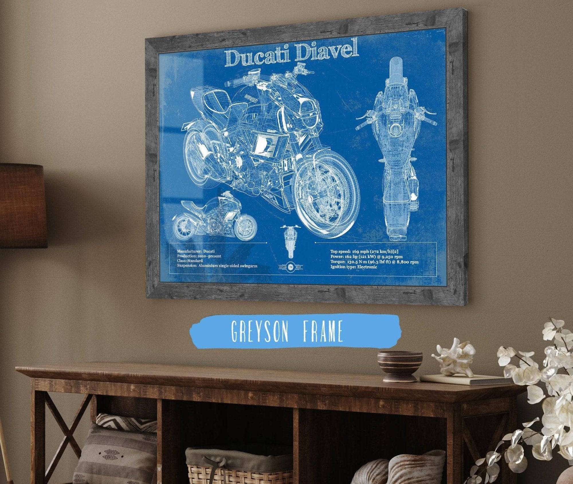 Cutler West 20" x 16" / Greyson Frame Ducati Diavel Blueprint Motorcycle Patent Print 845000332_61559