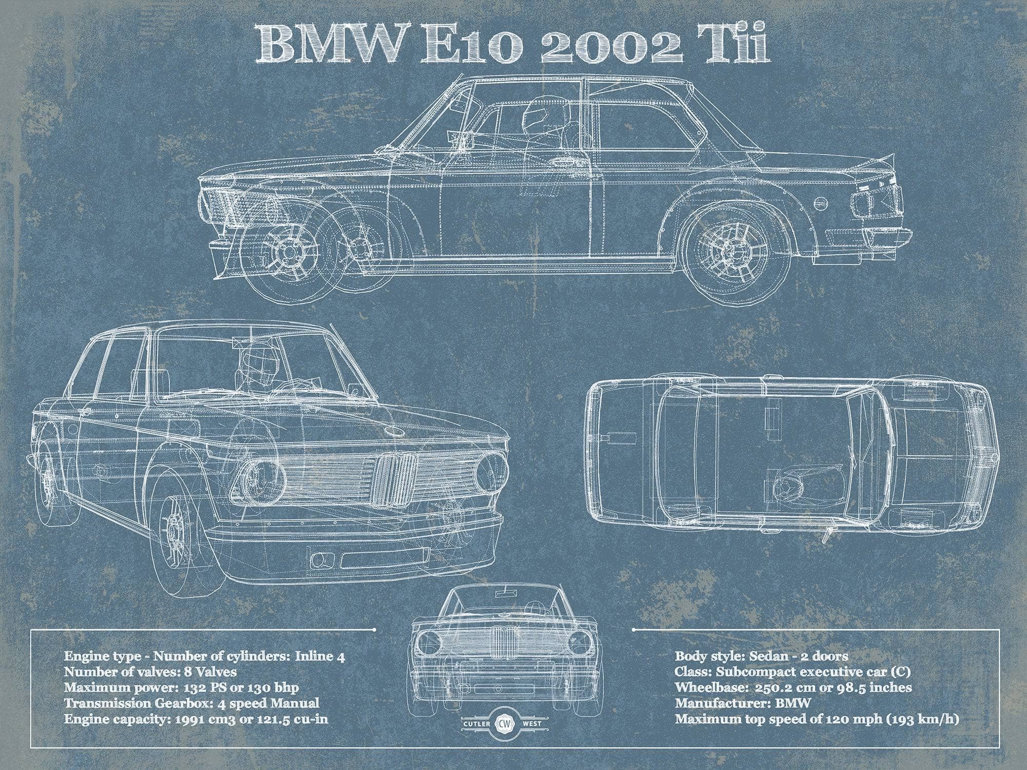 Cutler West Vehicle Collection 14" x 11" / Unframed BMW E10 2002 Tii Blueprint Vintage Auto Print 898796383_47879