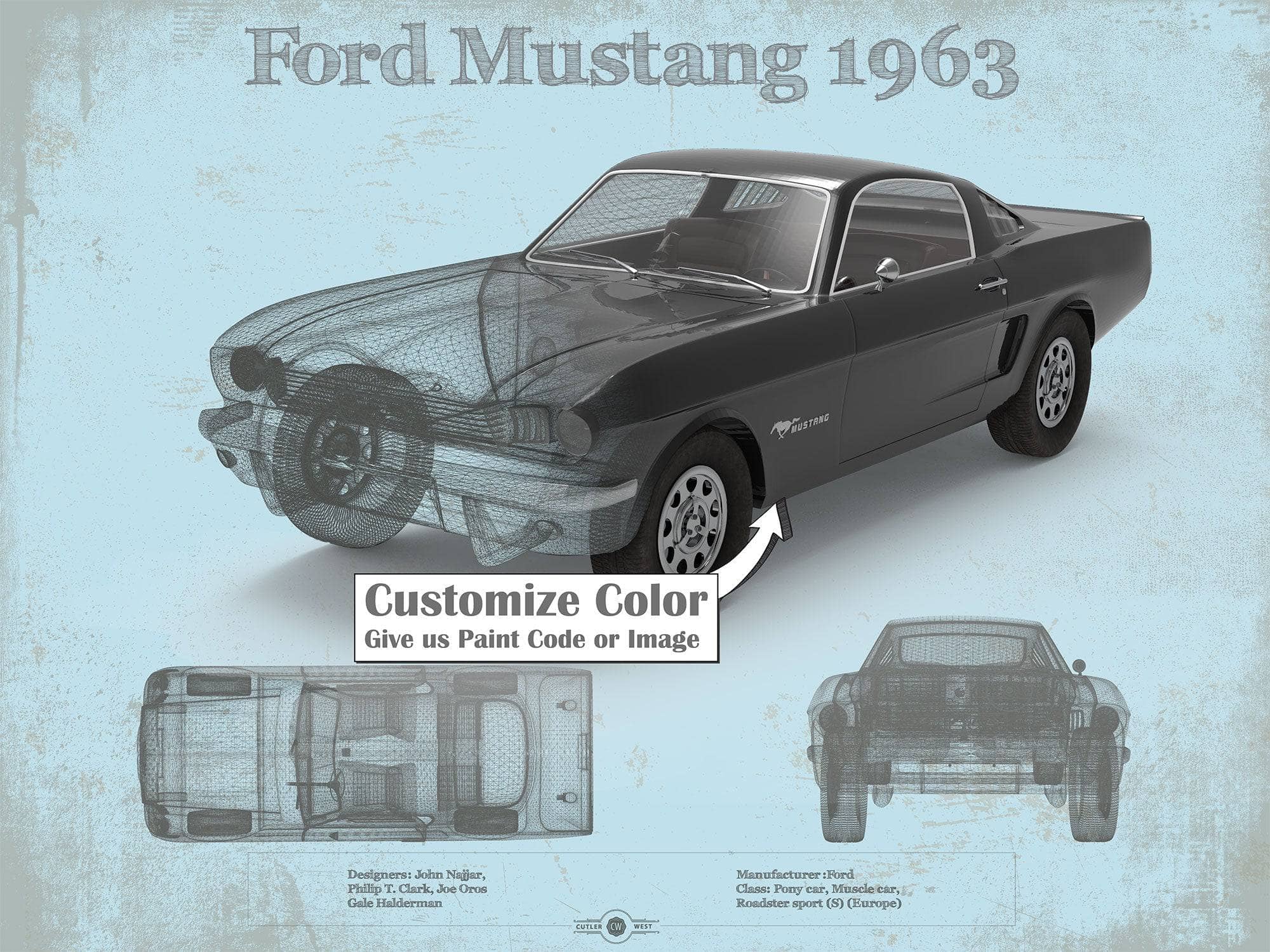 Cutler West Ford Collection 14" x 11" / Unframed Ford Mustang 1963 Original Blueprint Art 845000123-TOP