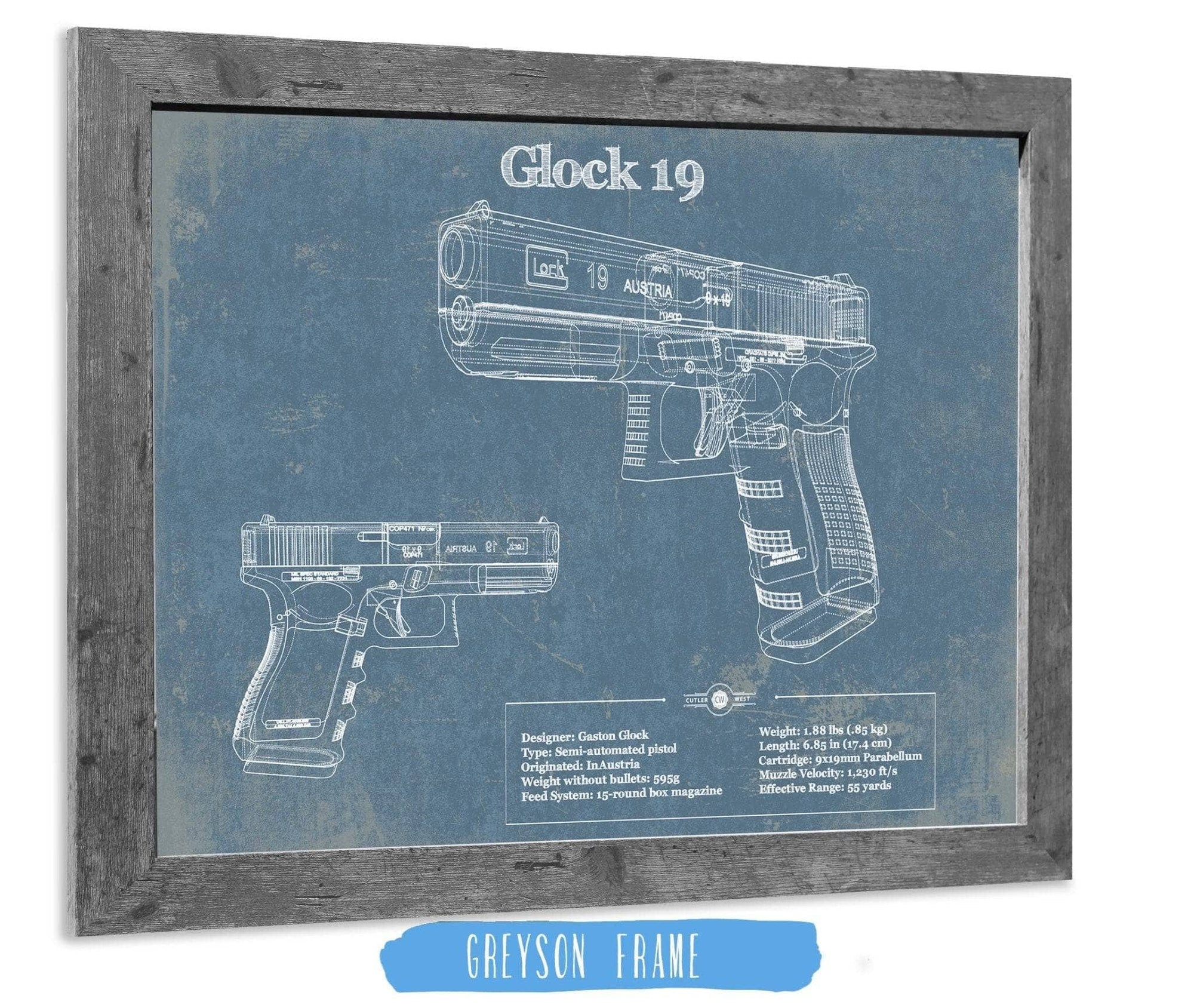 Cutler West Military Weapons Collection 14" x 11" / Greyson Frame Glock 19 Blueprint Vintage Gun Print 946593923_12141