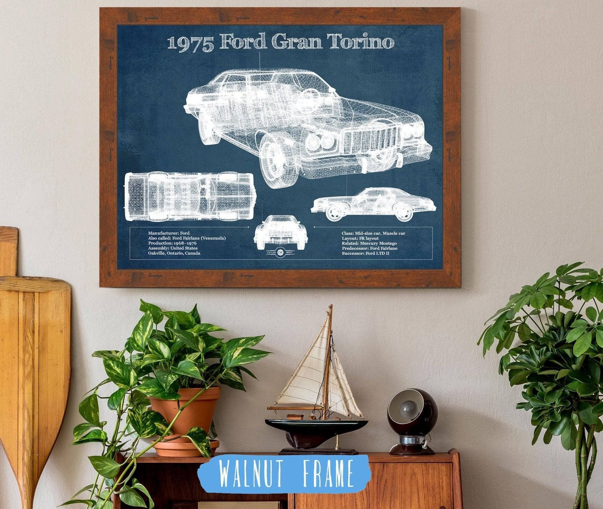Cutler West Ford Collection 14" x 11" / Walnut Frame Ford Gran Torino 1975 Blueprint Vintage Auto Print 933350038_41546