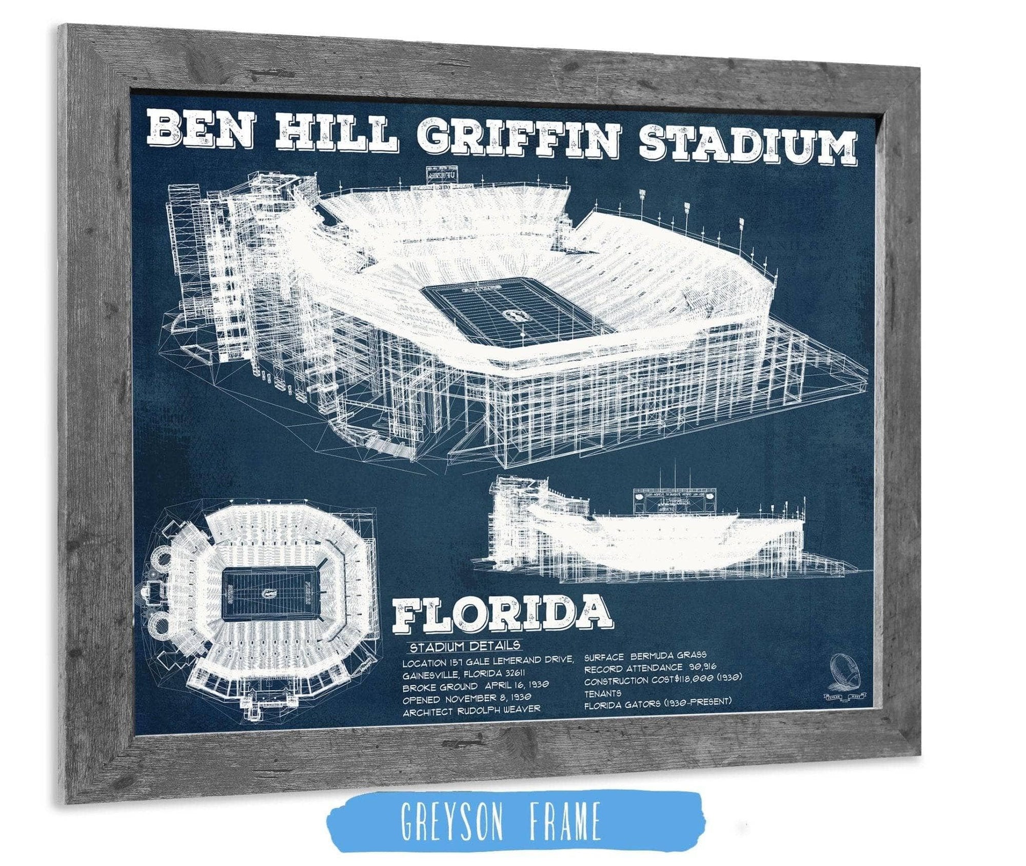 Cutler West Best Selling Collection 14" x 11" / Greyson Frame Ben Hill Griffin Stadium Art - University of Florida Gators Vintage Stadium & Blueprint Art Print 736879125_60162