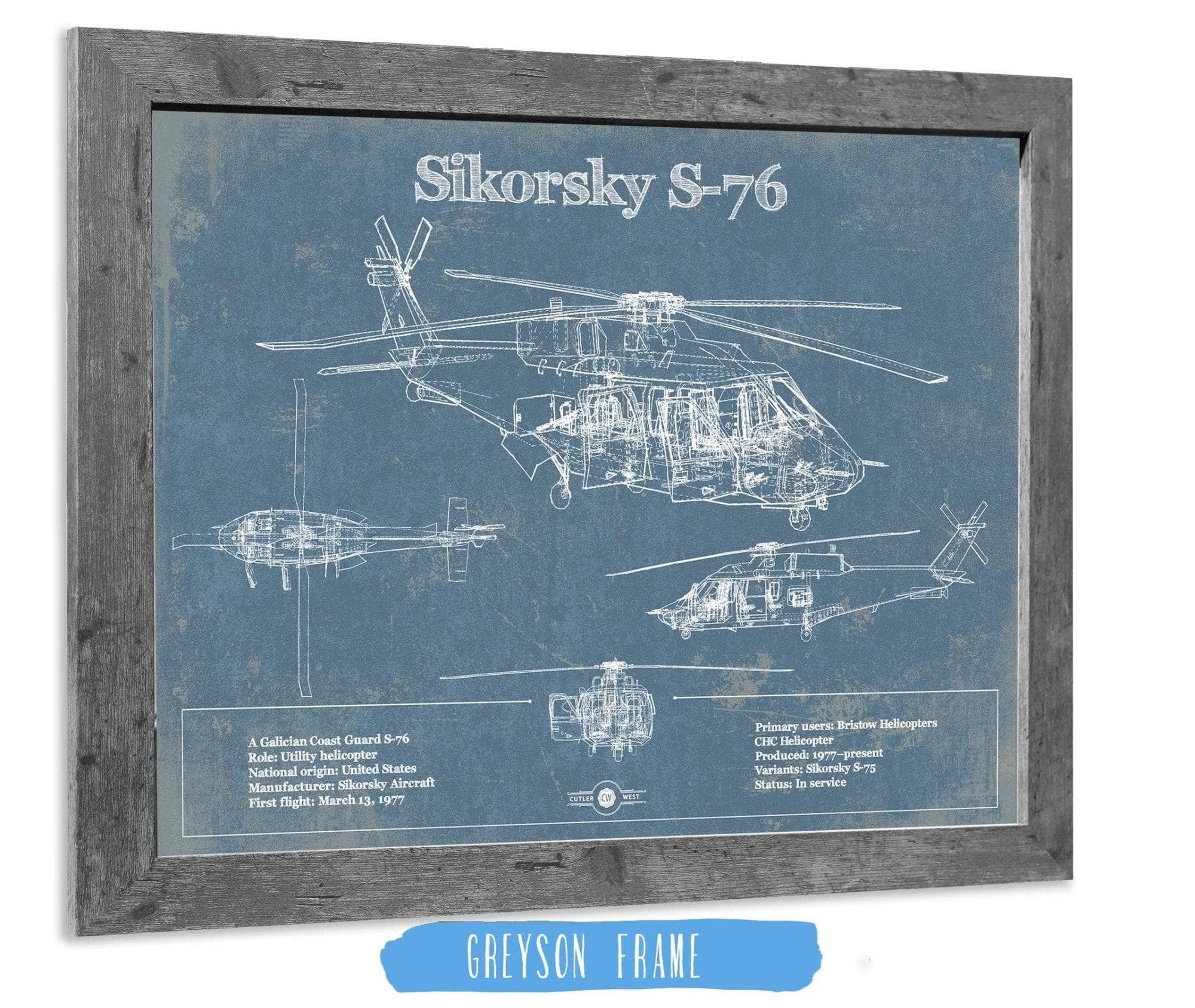 Cutler West Military Aircraft 14" x 11" / Greyson Frame Sikorsky S-76 Helicopter Vintage Aviation Blueprint Military Print 833110137_9704