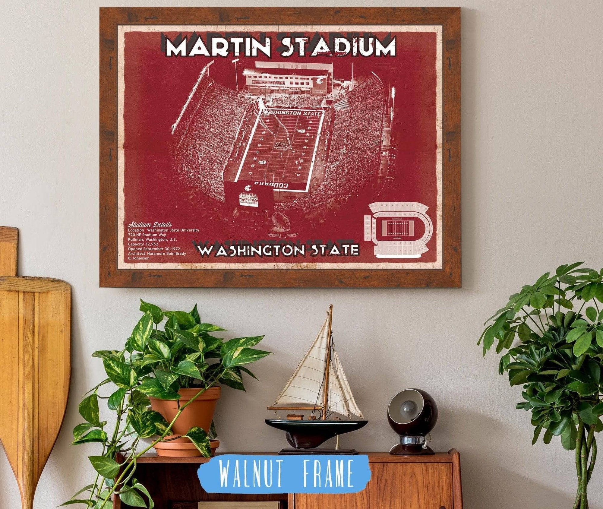 Cutler West 14" x 11" / Walnut Frame Washington State Cougars Martin Stadium Team Color Vintage Art Print 743545490-14"-x-11"4030