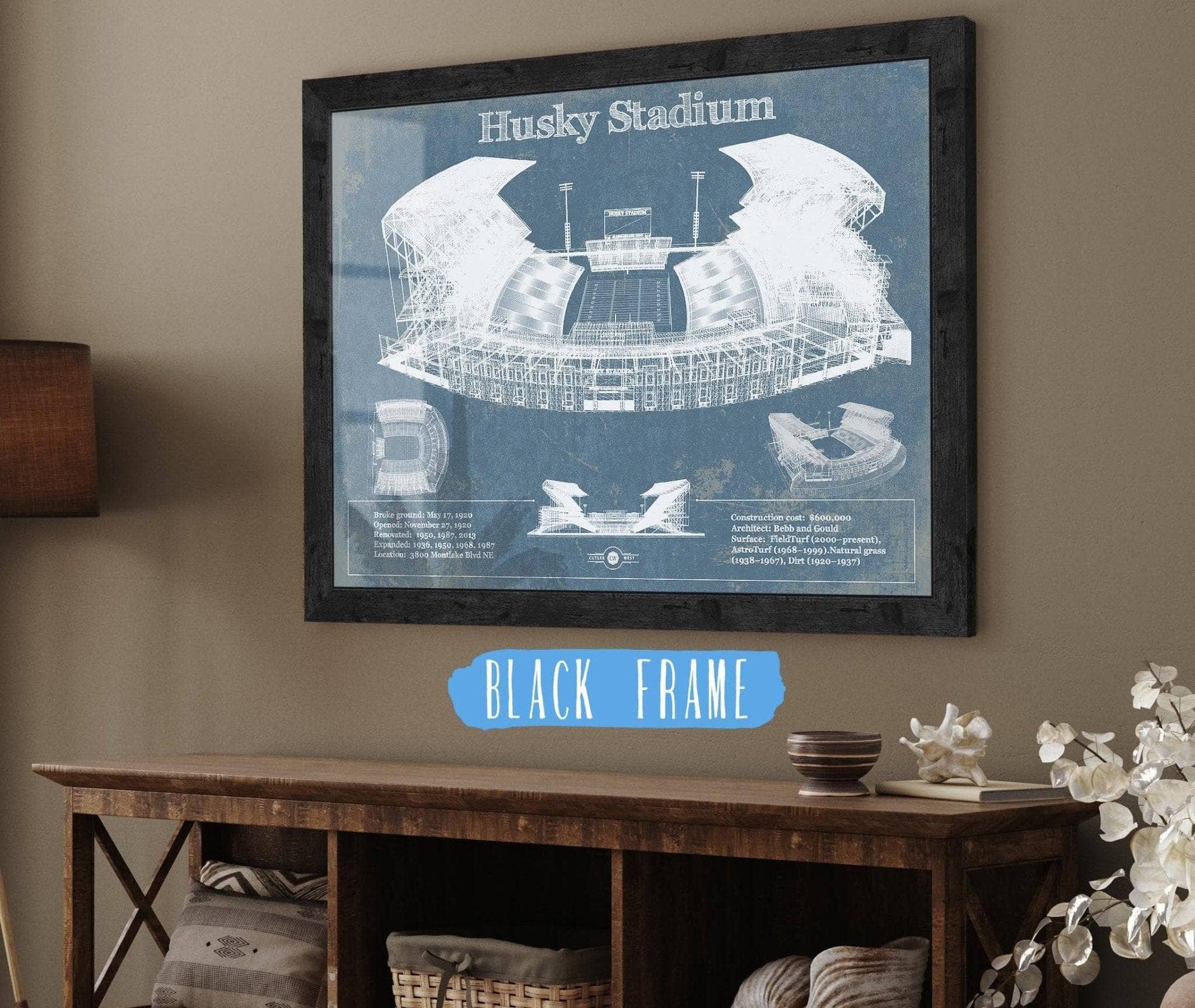 Cutler West 14" x 11" / Black Frame Washington Huskies Art Blue Version - Husky Stadium Vintage Stadium Blueprint Art Print 835000009-14"-x-11"59496