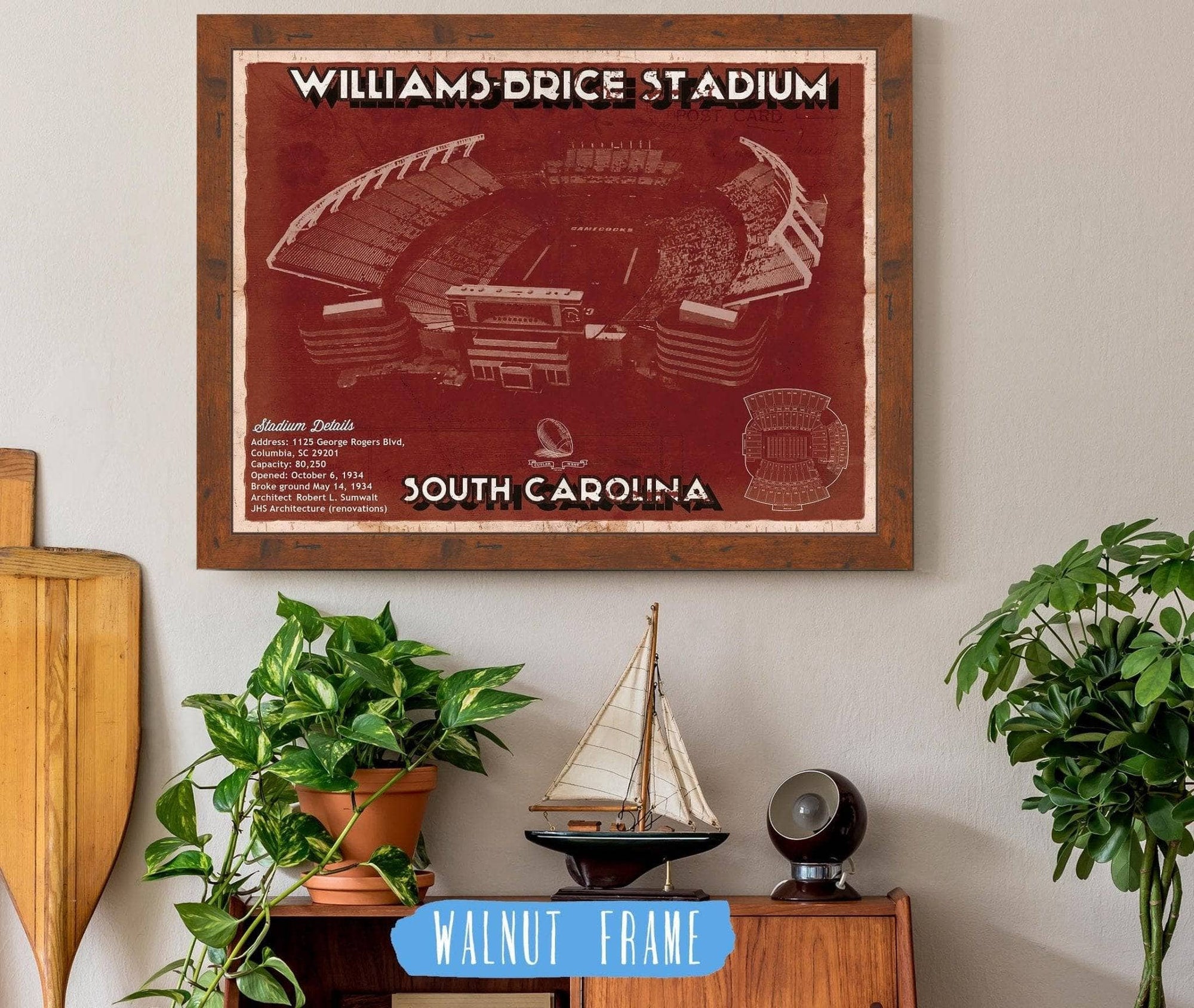 Cutler West 14" x 11" / Walnut Frame Williams-Brice Stadium Art - South Carolina Gamecocks Vintage Blueprint Art Chart 649671257-14"-x-11"24997