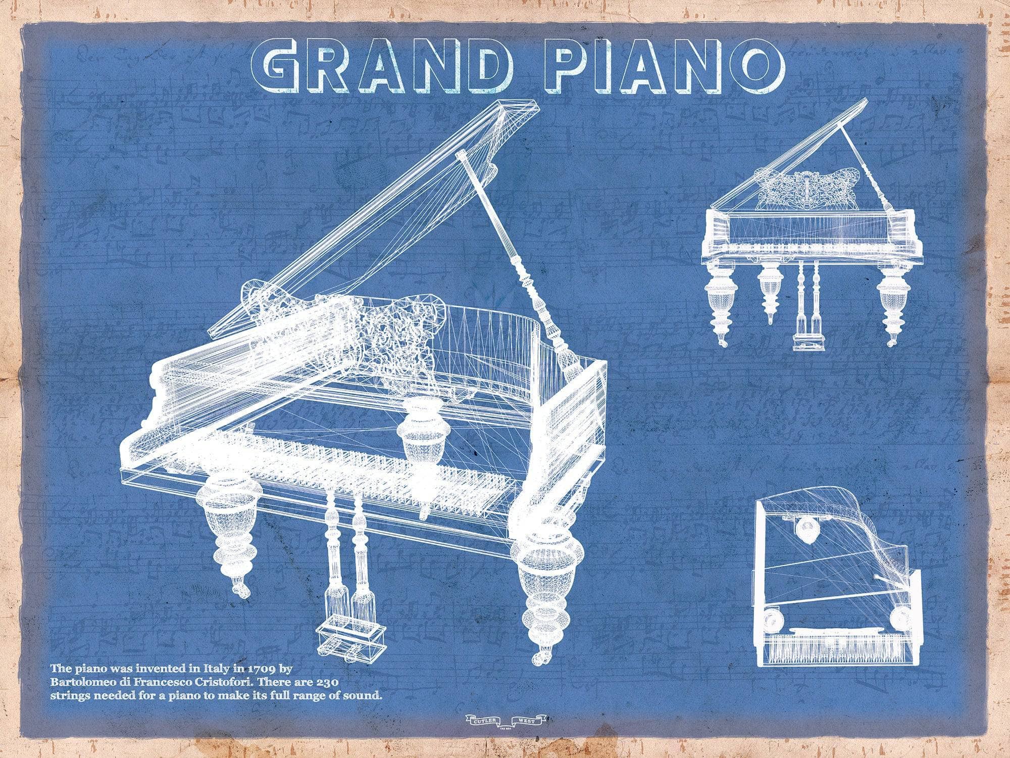 Cutler West Grand Piano Musical Instrument Original Blueprint Art