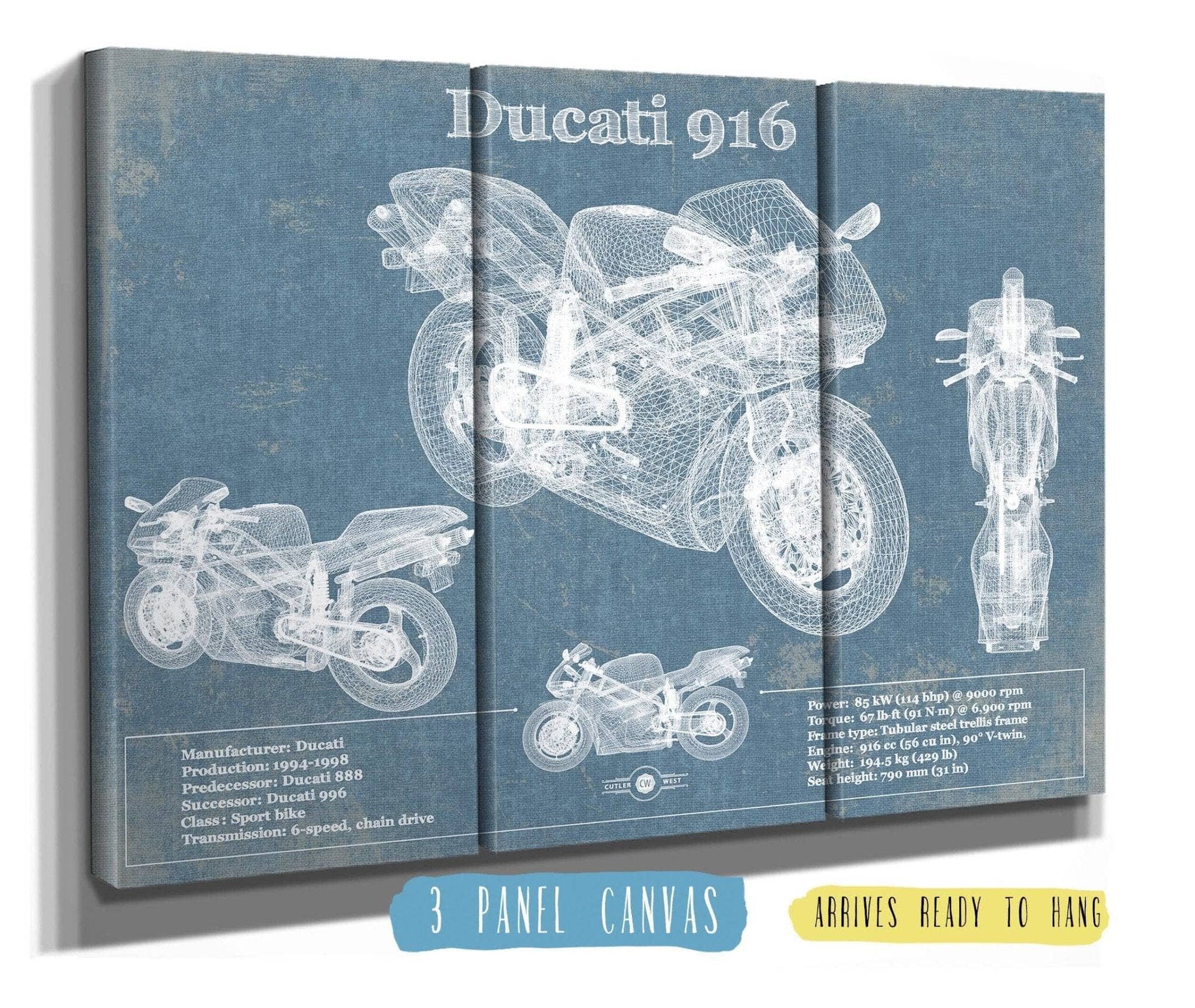 Cutler West 48" x 32" / 3 Panel Canvas Wrap Ducati 916 Blueprint Motorcycle Patent Print 887772823_57961