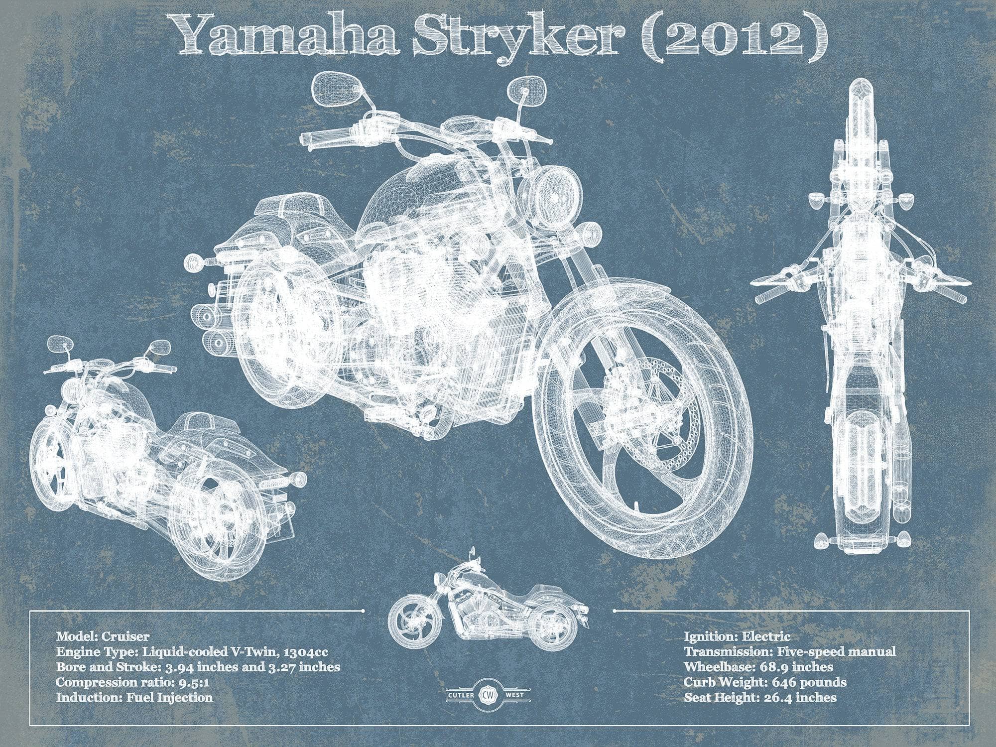 Cutler West 14" x 11" / Unframed Yamaha Stryker (2012) Vintage Blueprint Motorcycle Patent Print 833110033-14"-x-11"6199