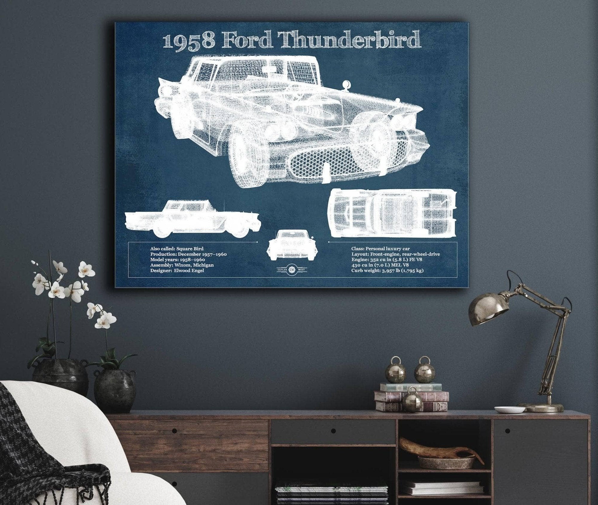 Cutler West Ford Collection 1958 Ford Thunderbird Vintage Blueprint Auto Print