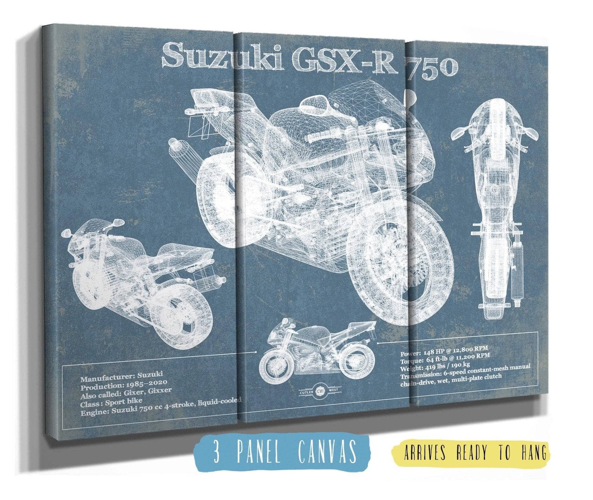 Cutler West 48" x 32" / 3 Panel Canvas Wrap Suzuki GSX R750 Blueprint Motorcycle Patent Print 874245786_13636