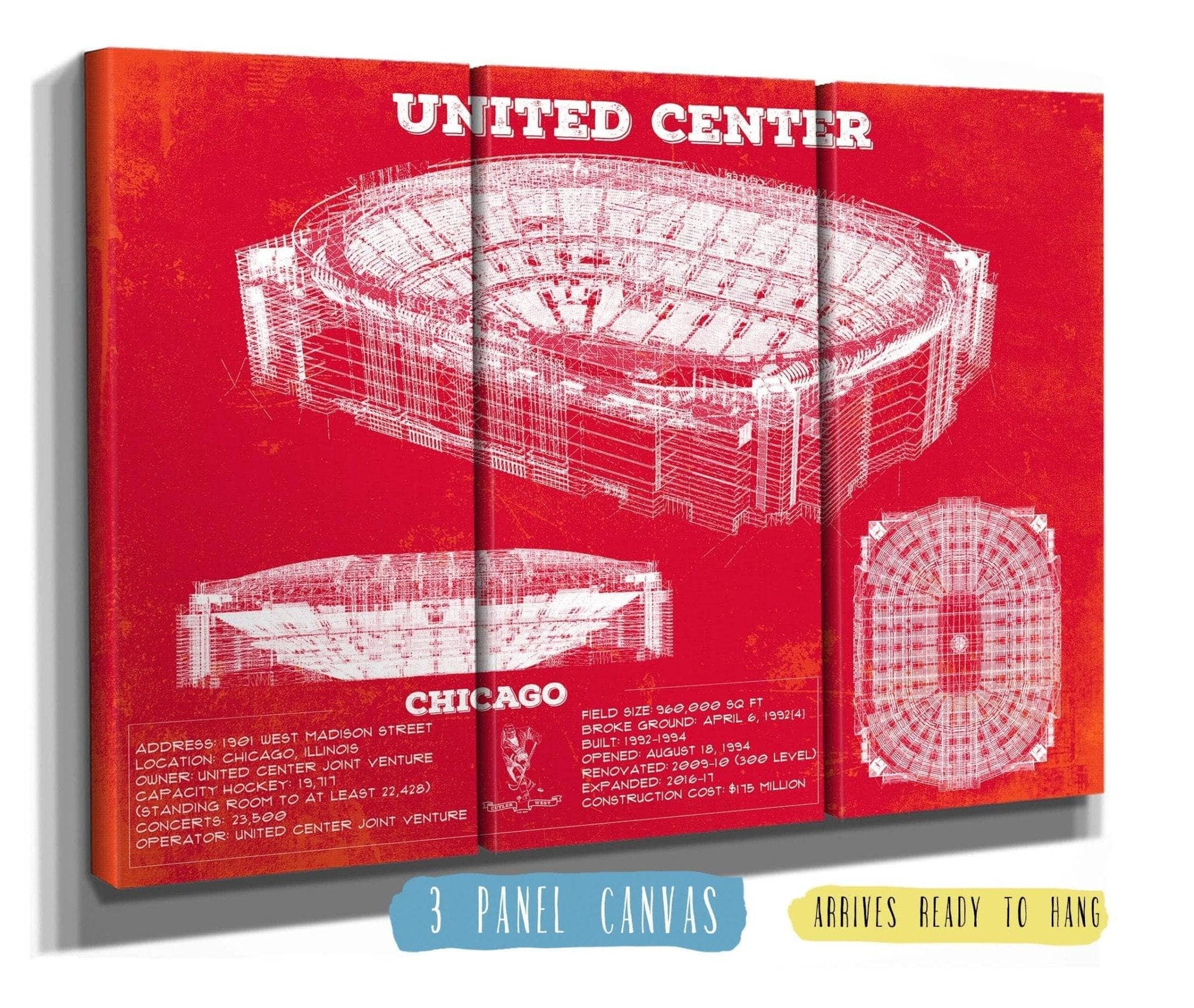 Cutler West 48" x 32" / 3 Panel Canvas Wrap United Center - Chicago Blackhawks Team Colors Vintage Hockey Print 933311129_9021