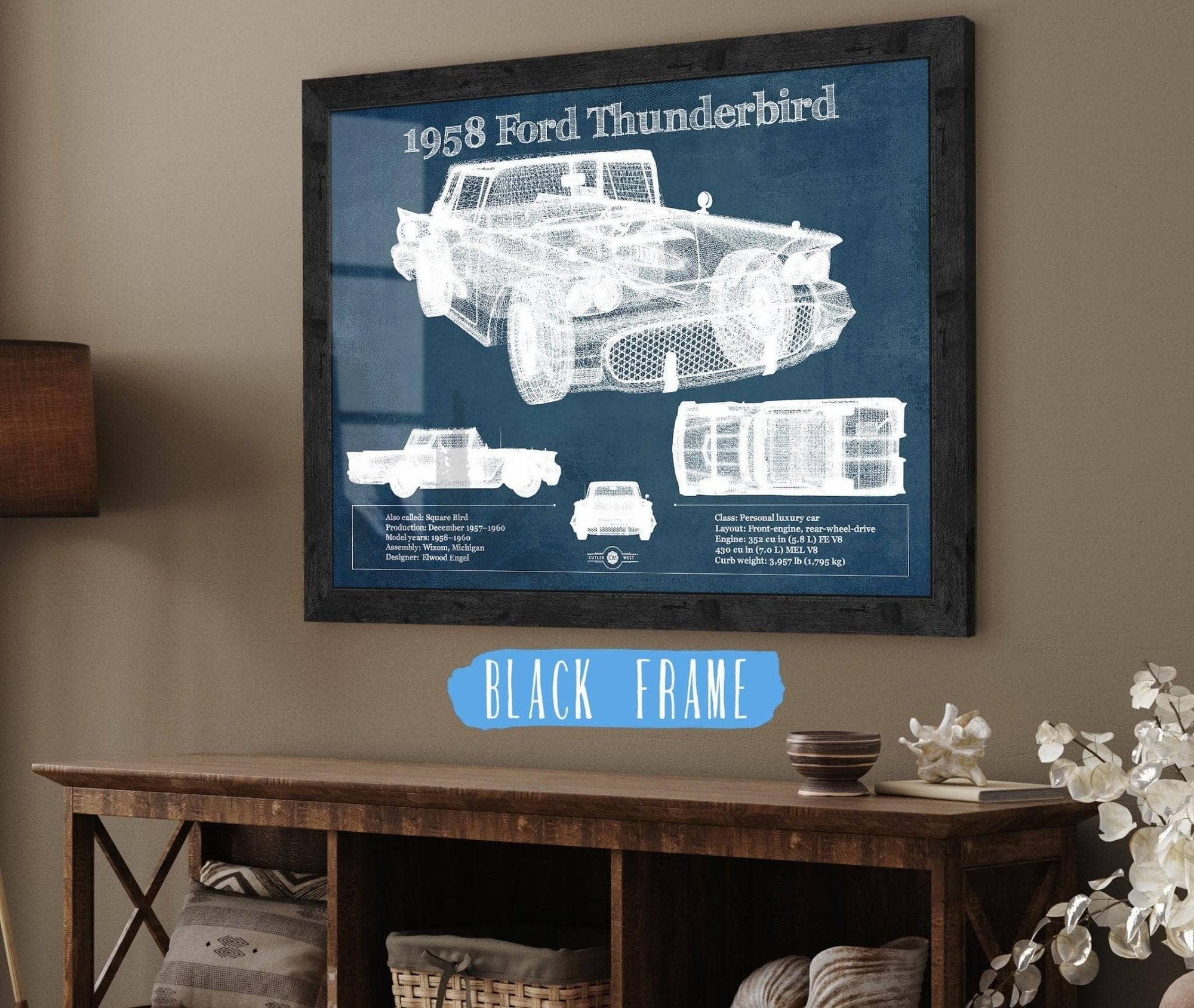 Cutler West Ford Collection 14" x 11" / Black Frame 1958 Ford Thunderbird Vintage Blueprint Auto Print 933350042_34021