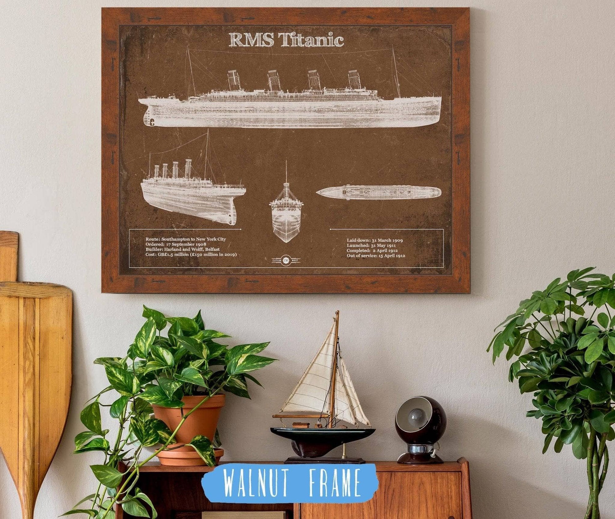 Cutler West Naval Military 14" x 11" / Walnut Frame Titanic Blueprint Original Wall Art 933350108_27571