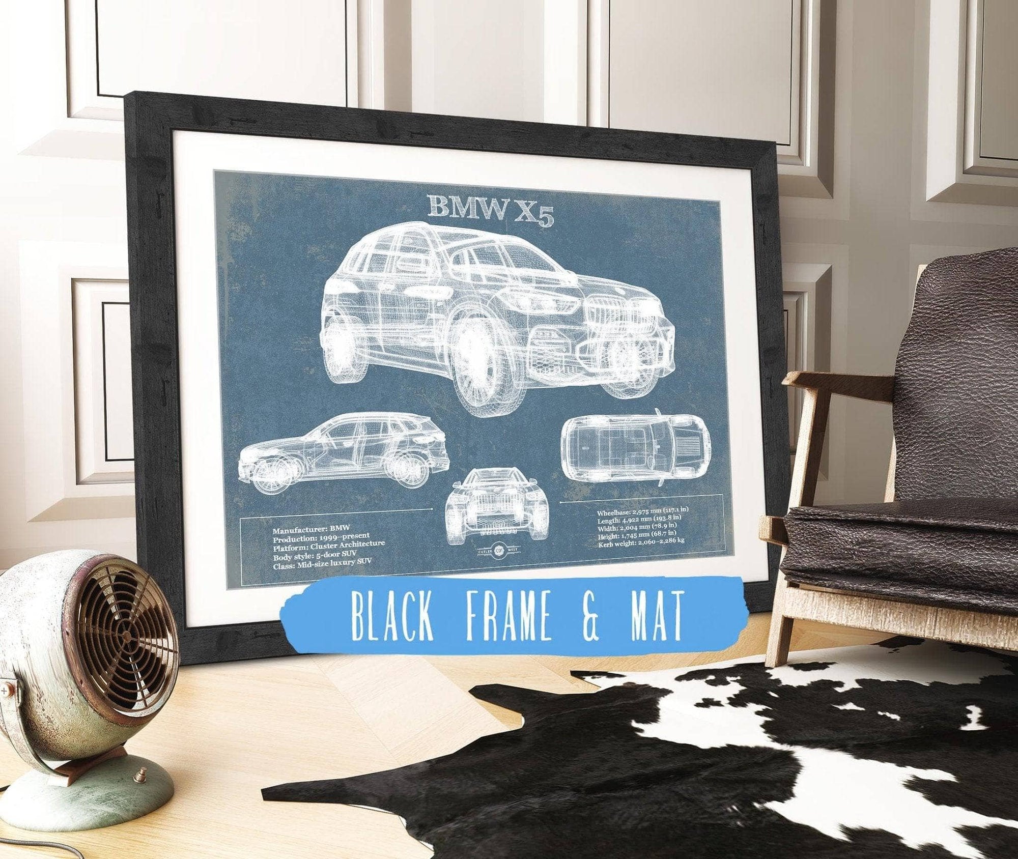 Cutler West Vehicle Collection 14" x 11" / Black Frame & Mat BMW X5 Vintage Blueprint Auto Print 833110089