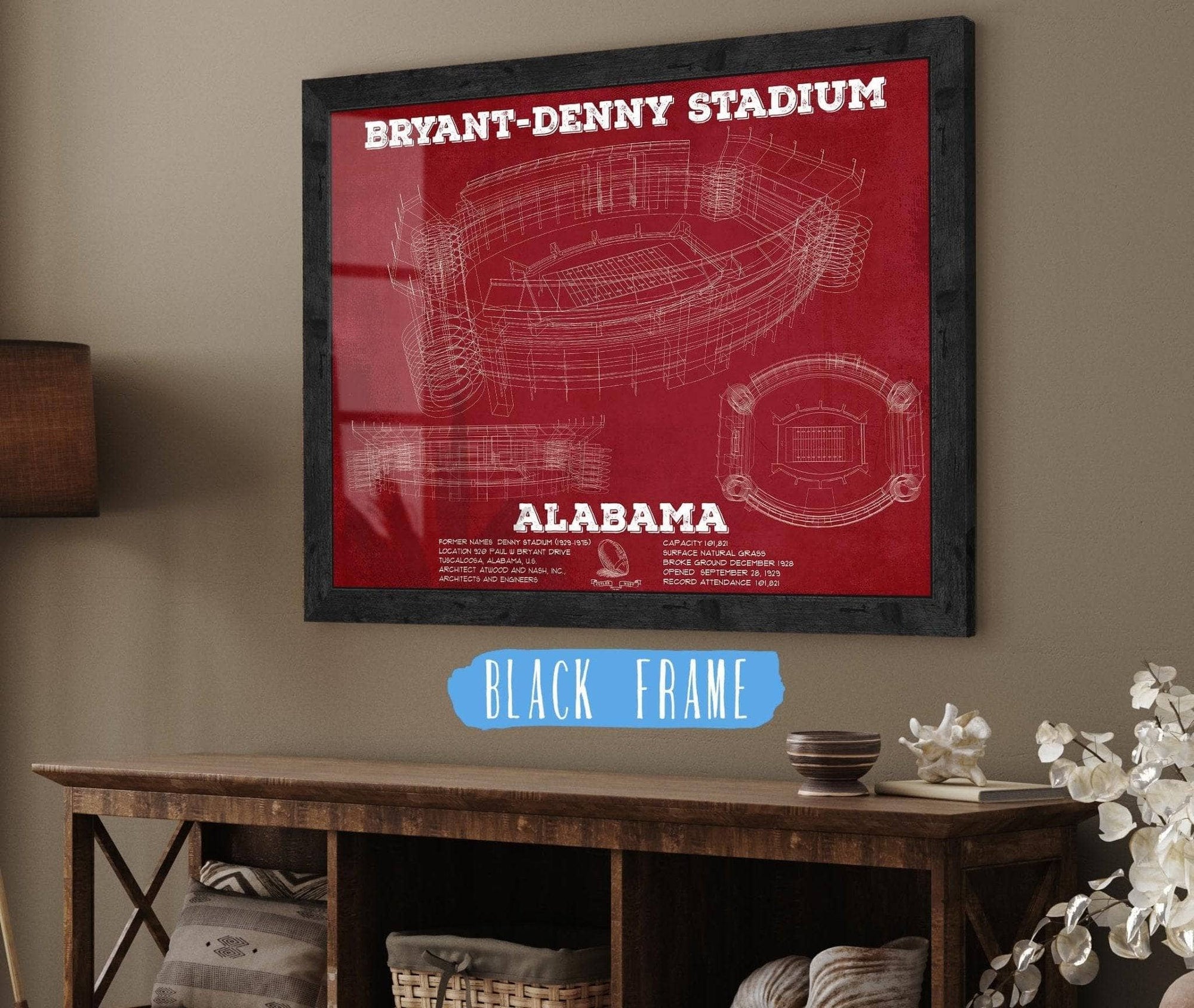 Cutler West College Football Collection 14" x 11" / Black Frame Alabama Crimson Tide Stadium Art - Bryant-Denny Stadium Vintage Seating Chart 635629844-TOP