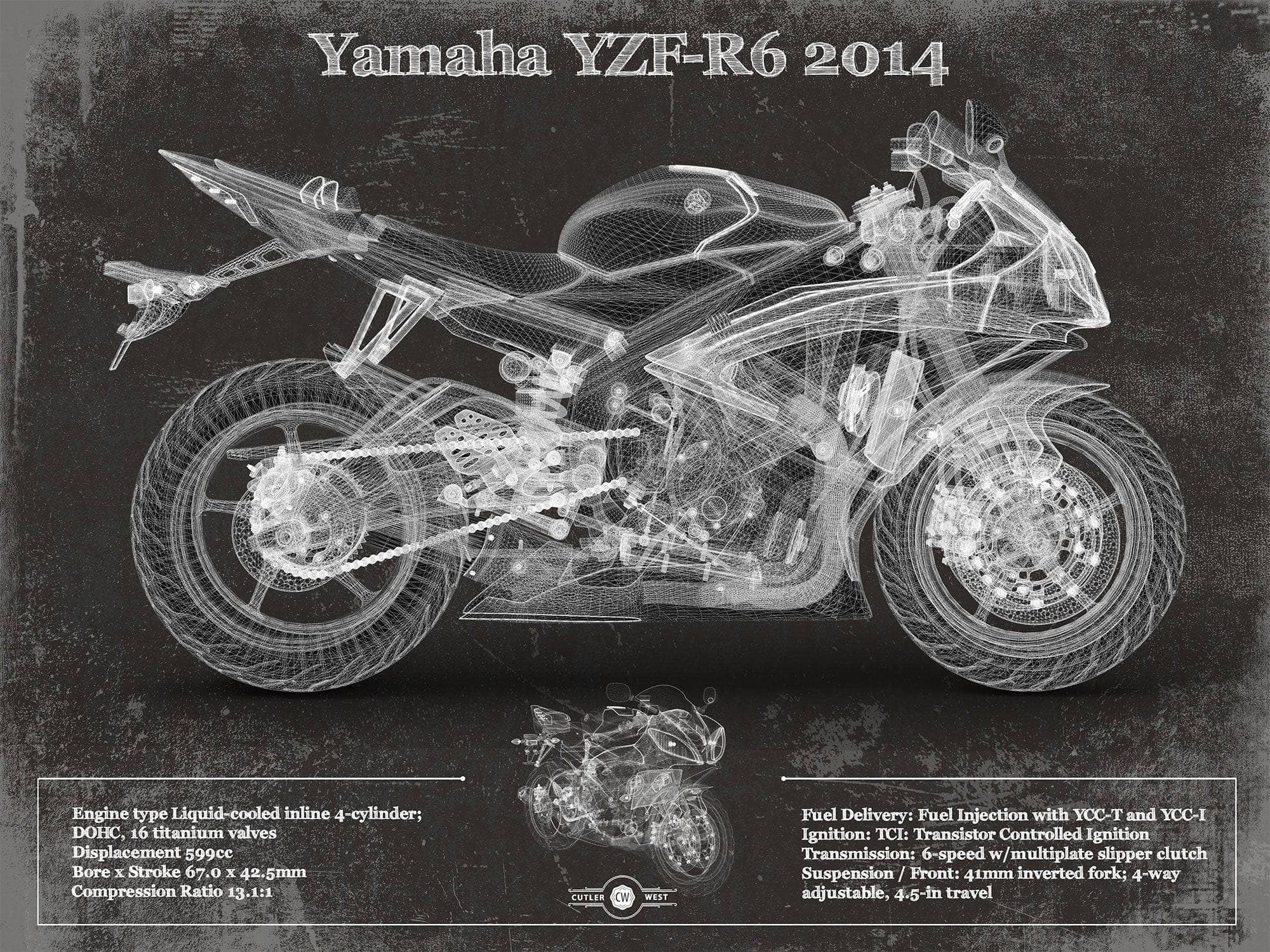 Cutler West 14" x 11" / Unframed Yamaha YZF-R6 2014 Blueprint Motorcycle Patent Print 845000204-14"-x-11"7123