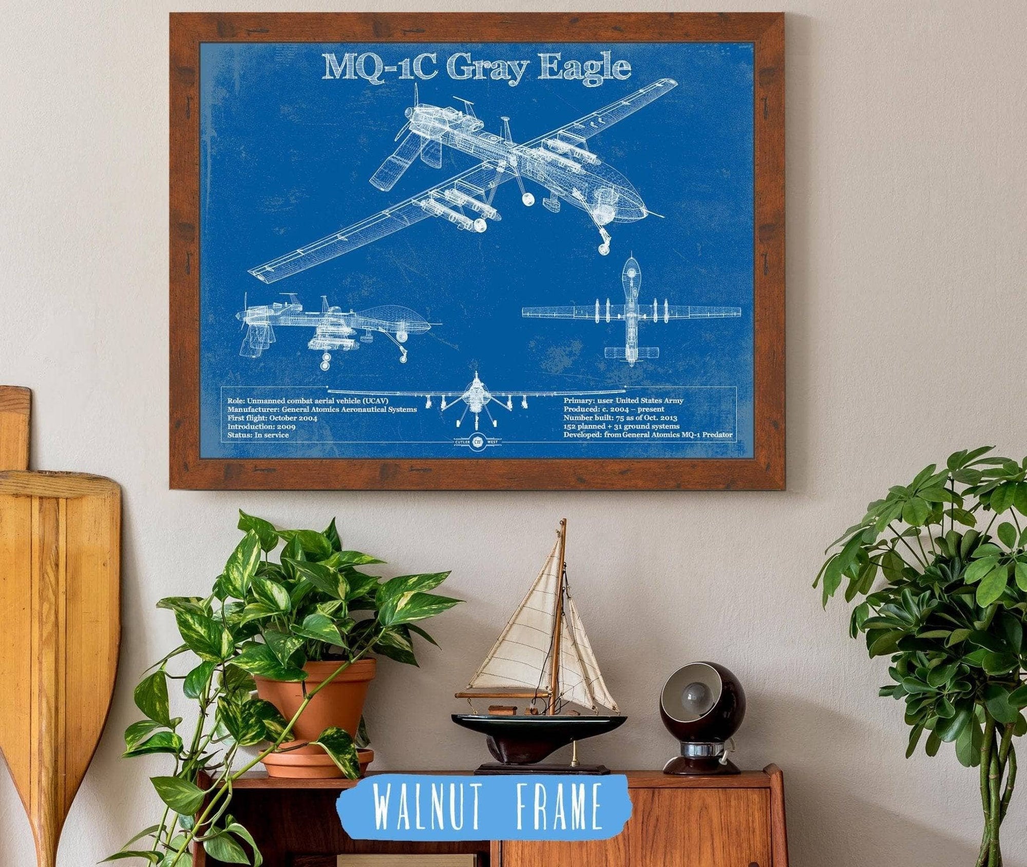 Cutler West Military Aircraft 14" x 11" / Walnut Frame UAV MQ-1C Gray Eagle Vintage Aviation Blueprint Military Print 933311094_19453