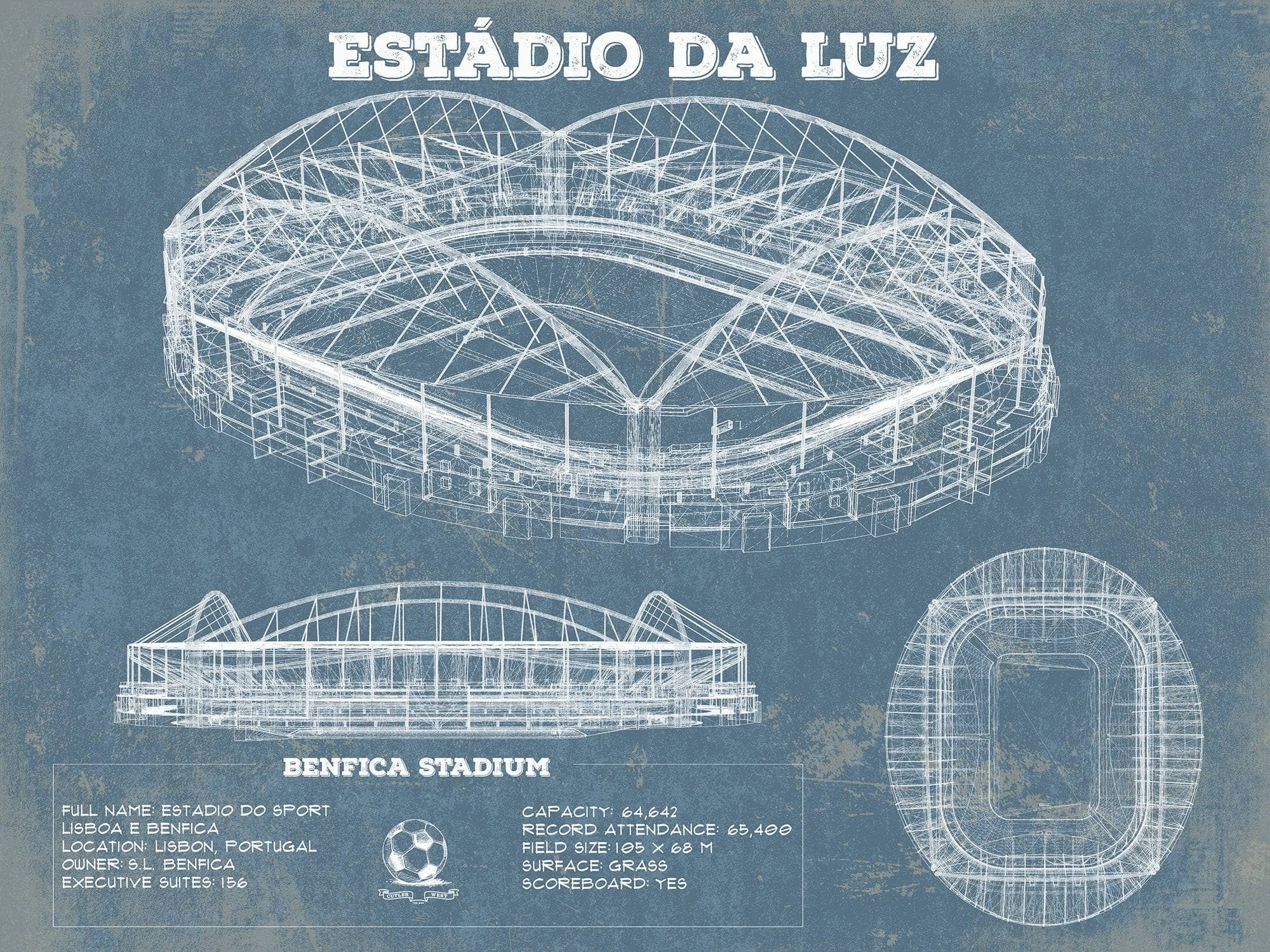 Cutler West Soccer Collection 14" x 11" / Unframed Estudio da Luz (Benfica Stadium) - Portugal National Football Team Blueprint Vintage Soccer Print 933311007_57515