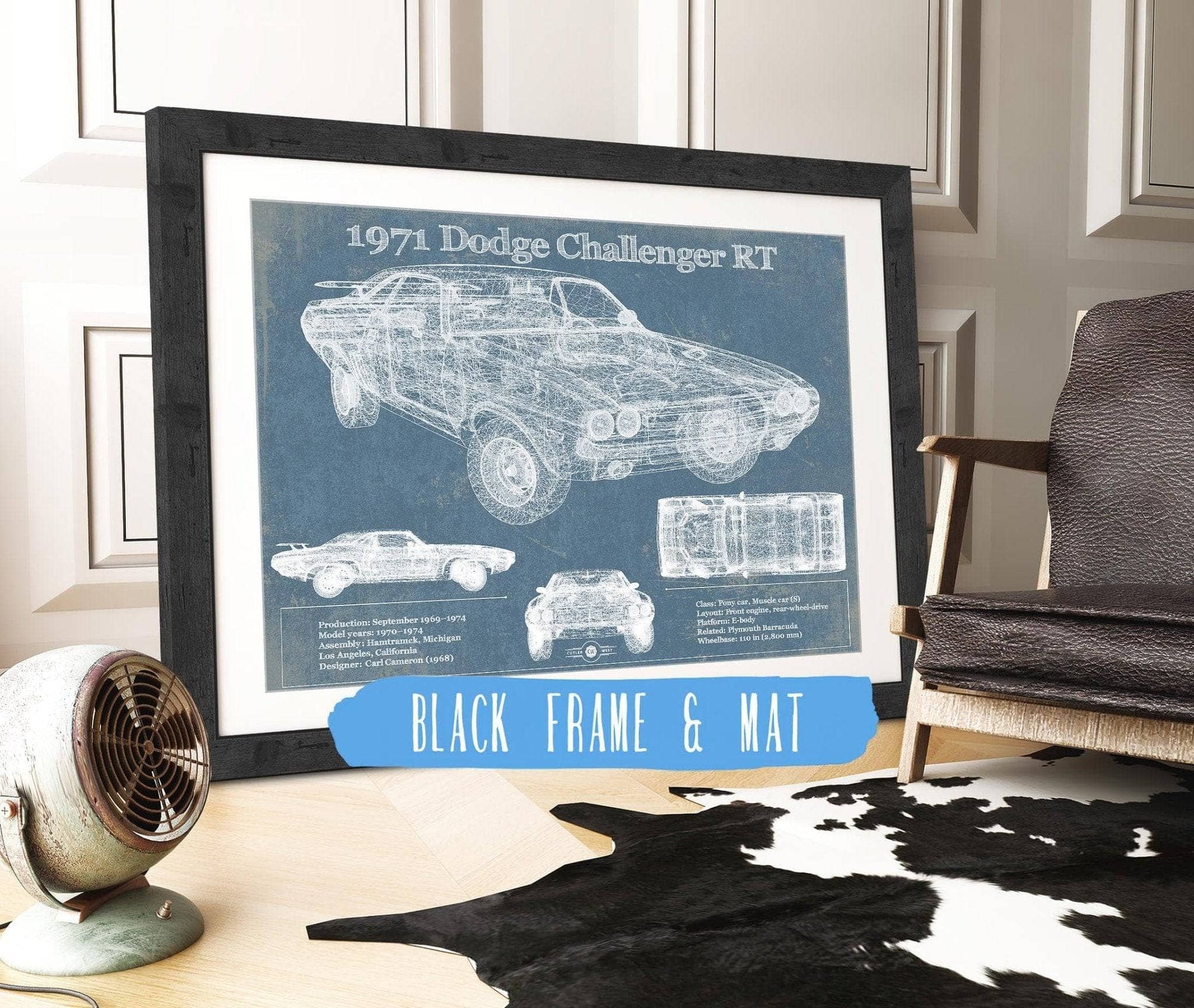 Cutler West Dodge Collection 14" x 11" / Black Frame & Mat 1971 Dodge Challenger Rt Car Blueprint Patent Original Art 933311096_19584
