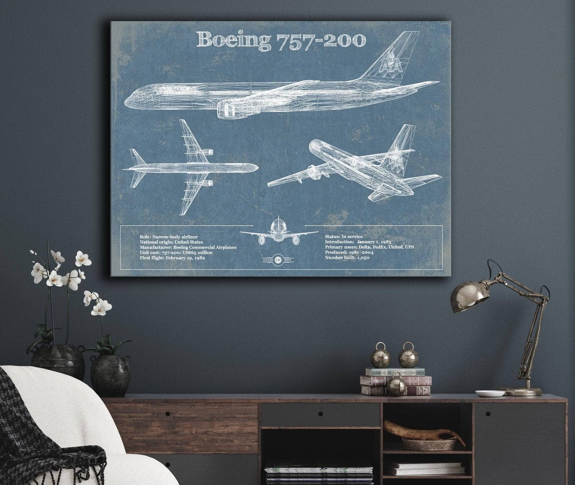Cutler West Boeing Collection Boeing 757-200 Vintage Original Blueprint Art Print - Custom Pilot Name Can Be Added