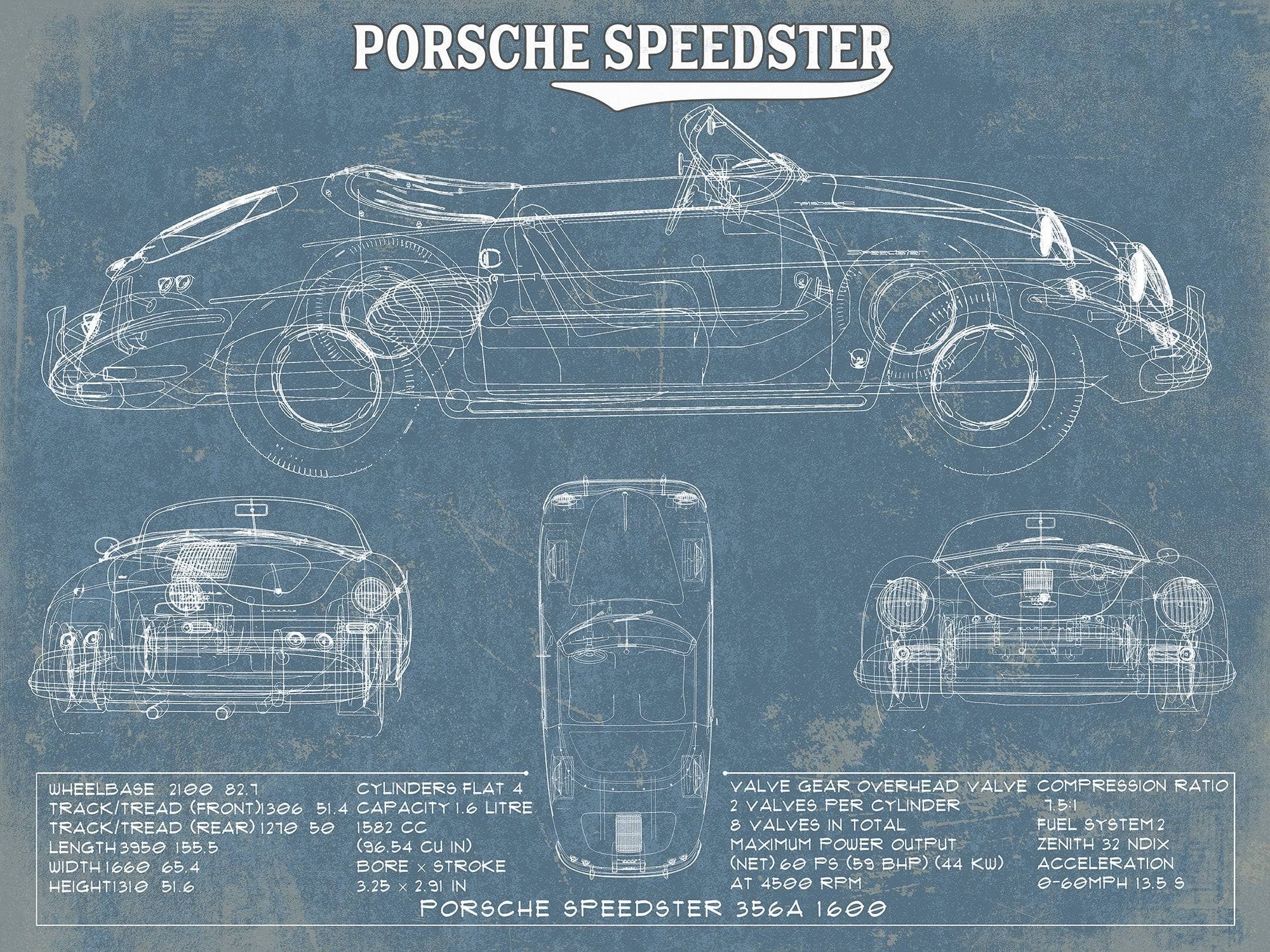 Cutler West Porsche Collection 14" x 11" / Unframed Porsche Speedster 356A 1600 Vintage Auto Print 694513411-BLUE_11012