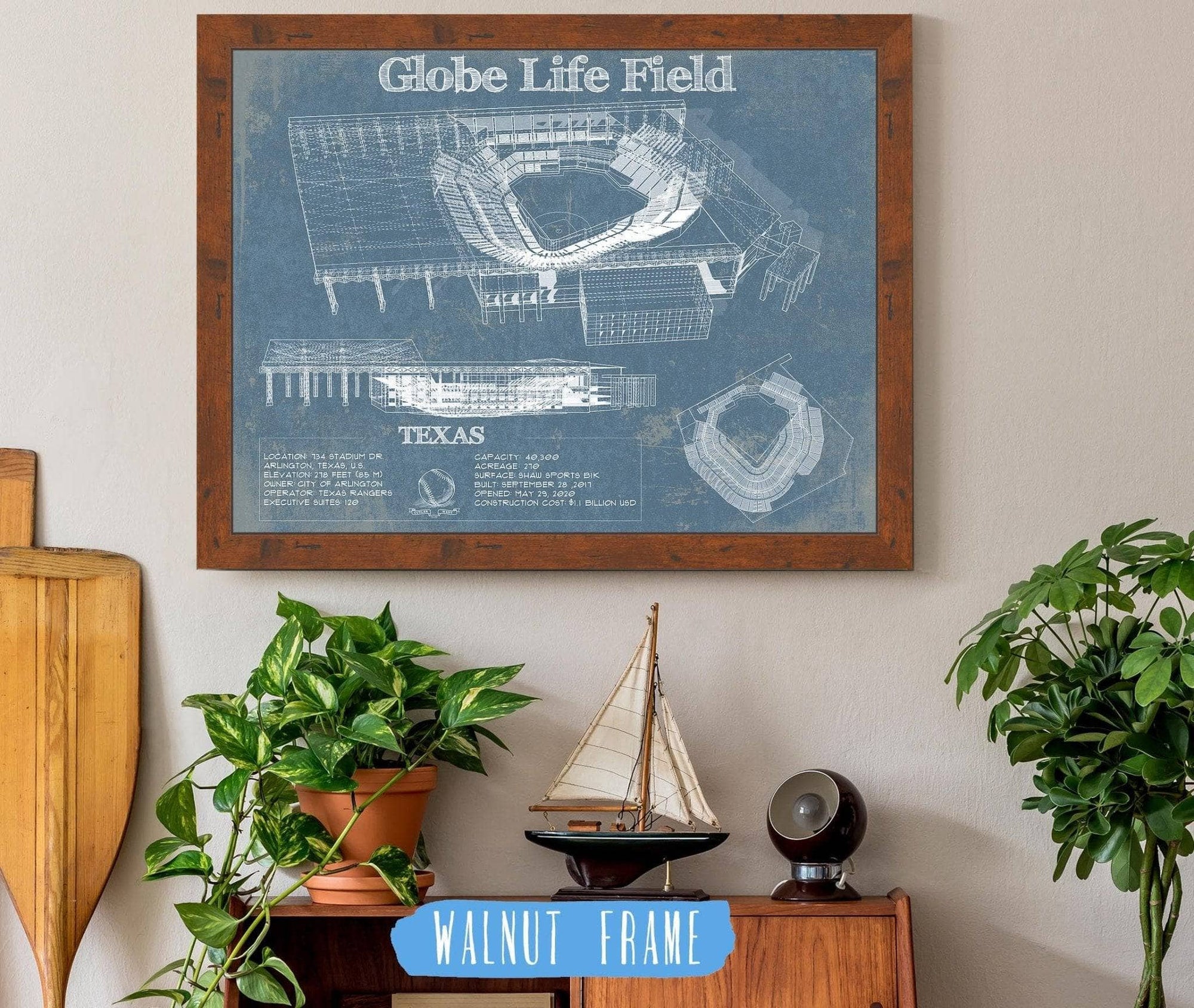 Cutler West Baseball Collection 14" x 11" / Walnut Frame Texas Rangers -  Globe Life Field Vintage Stadium Baseball Print 833110158_11147
