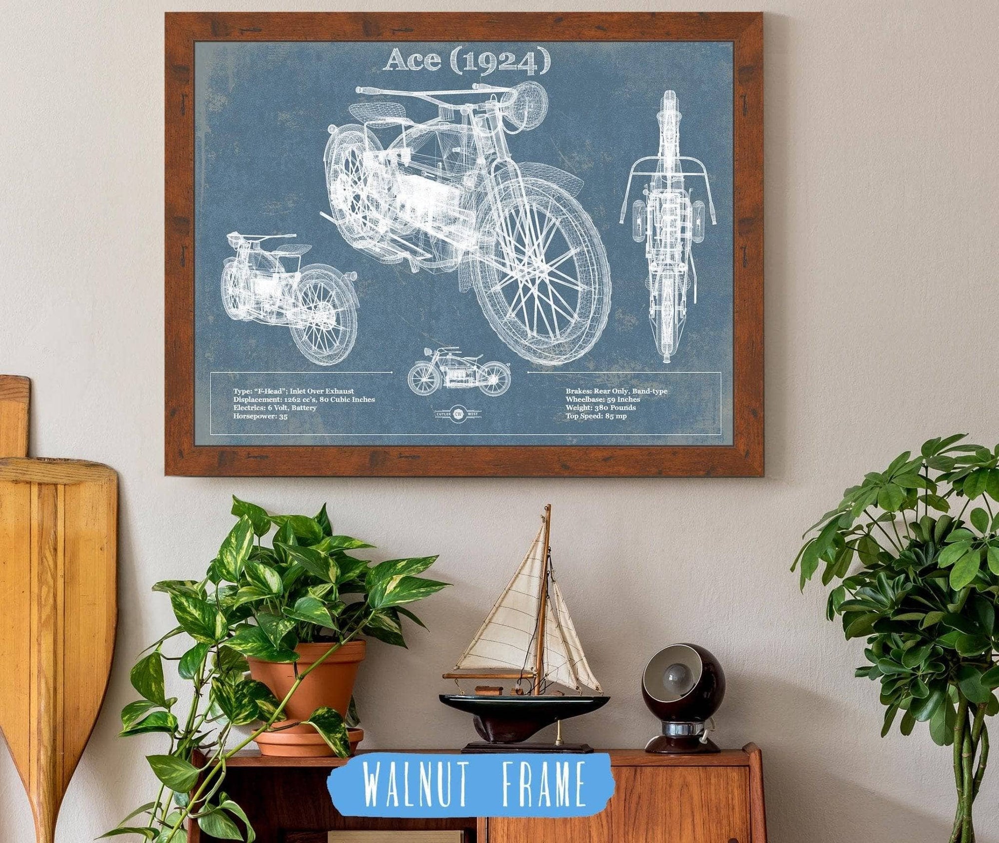 Cutler West Vehicle Collection 14" x 11" / Walnut Frame Ace (1924) Blueprint Motorcycle Patent Print 833110074_38906