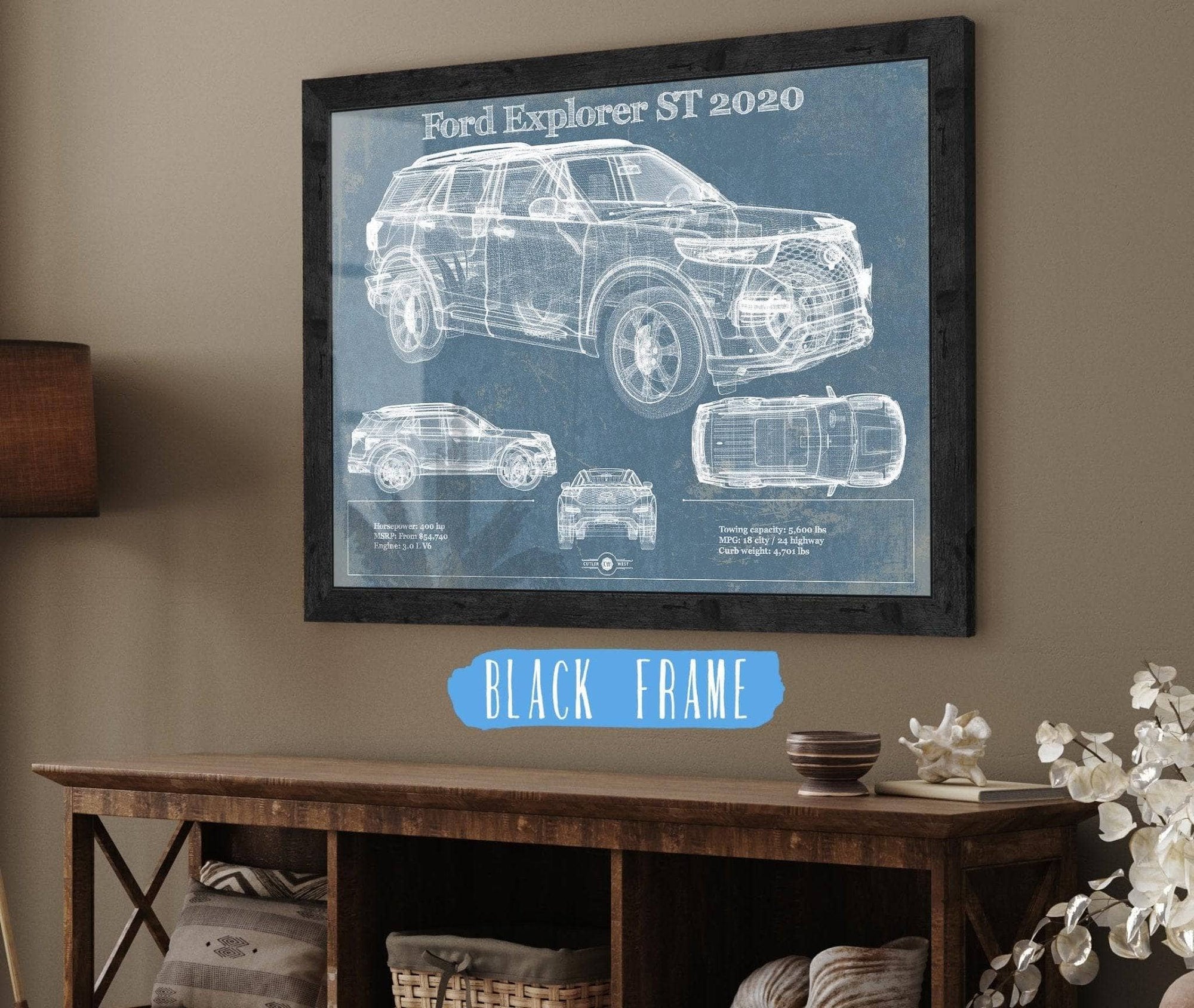 Cutler West Ford Collection 14" x 11" / Black Frame Ford Explorer ST 2020 Vintage Blueprint Auto Print 845000214_59958