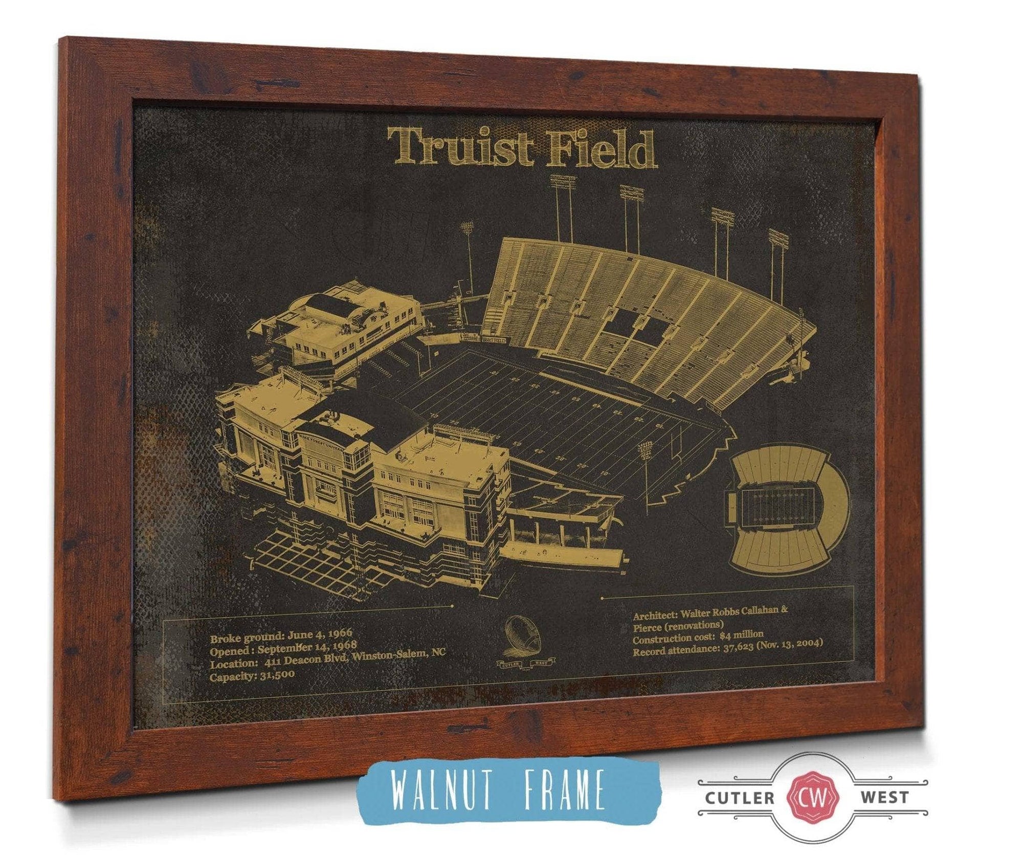 Cutler West 14" x 11" / Walnut Frame Wake Forest Football Art - Truist Field Vintage Wall Art 9356298441-14"-x-11"7456