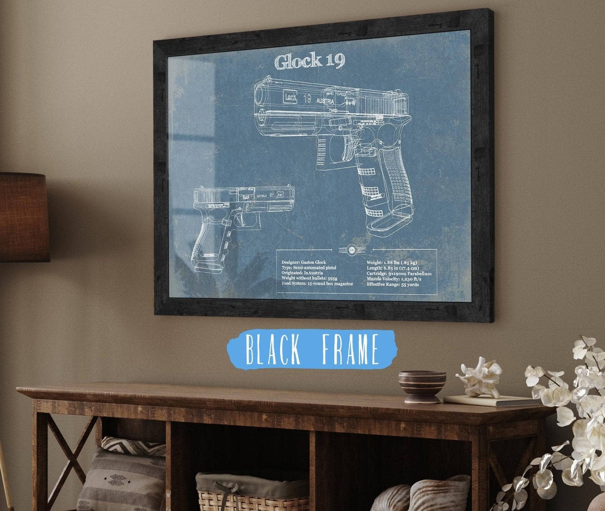 Cutler West Military Weapons Collection 14" x 11" / Black Frame Glock 19 Blueprint Vintage Gun Print 946593923_12135