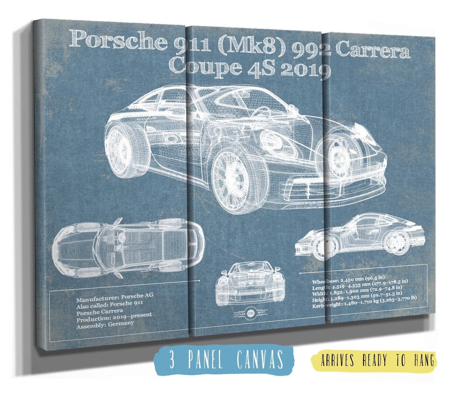 Cutler West Porsche Collection 48" x 32" / 3 Panel Canvas Wrap Porsche 911 Mk8 992 Carrera Coupe 4s 2019 Vintage Blueprint Auto Print 845000299_68603