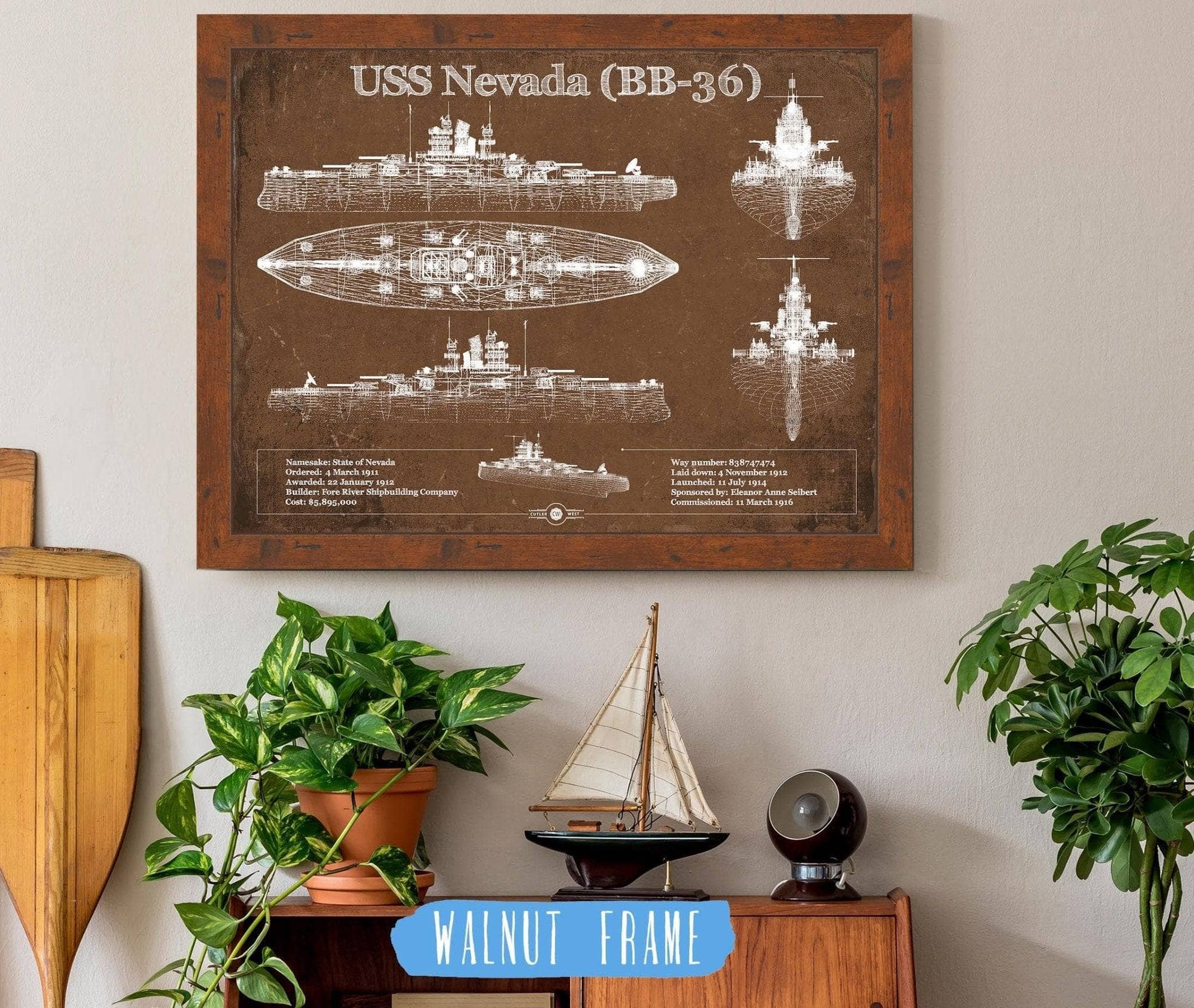 Cutler West Naval Military 14" x 11" / Walnut Frame USS Nevada (BB-36) Battleship Blueprint Original Military Wall Art - Customizable 933350082_27505
