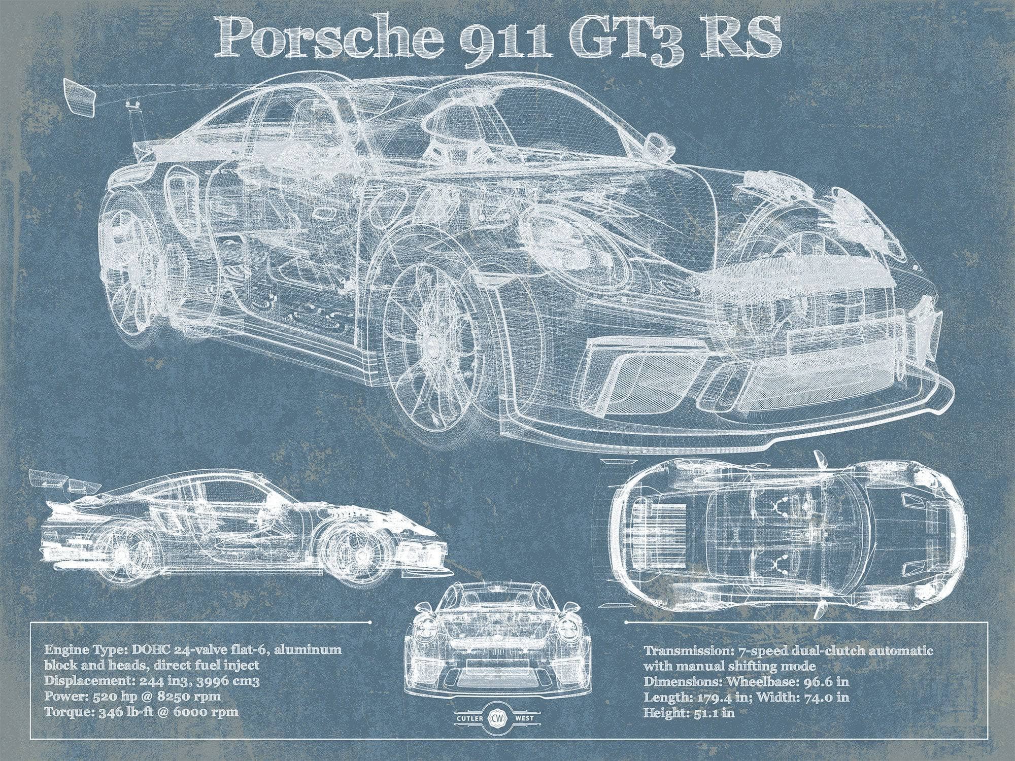 Cutler West Porsche Collection 14" x 11" / Unframed Porsche 911 GT3 RS Vintage Blueprint Auto Print 235353152