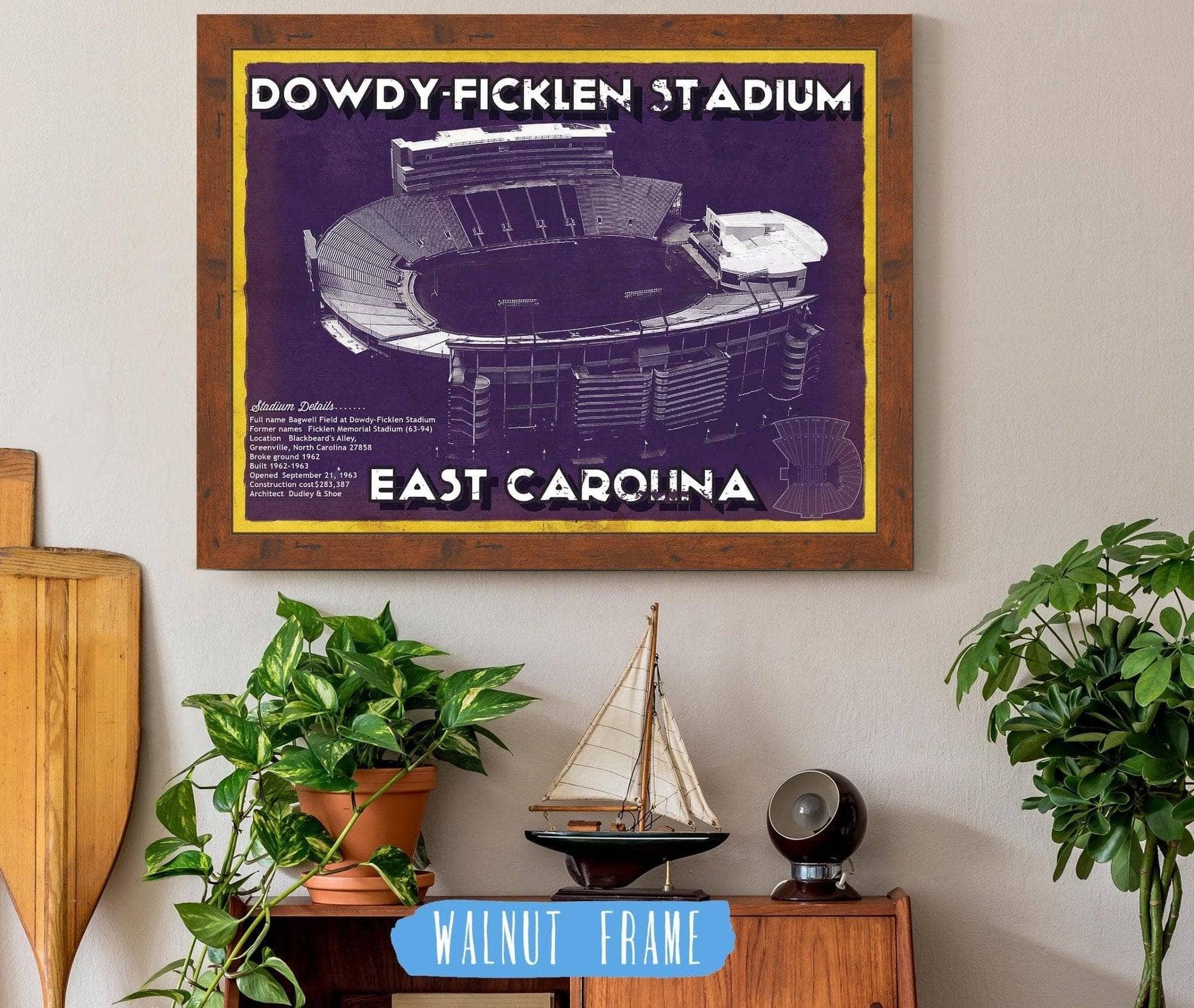 Cutler West College Football Collection 14" x 11" / Walnut Frame East Carolina Pirates - Dowdy–Ficklen Stadium Vintage Blueprint Wall Art 727771075_60950
