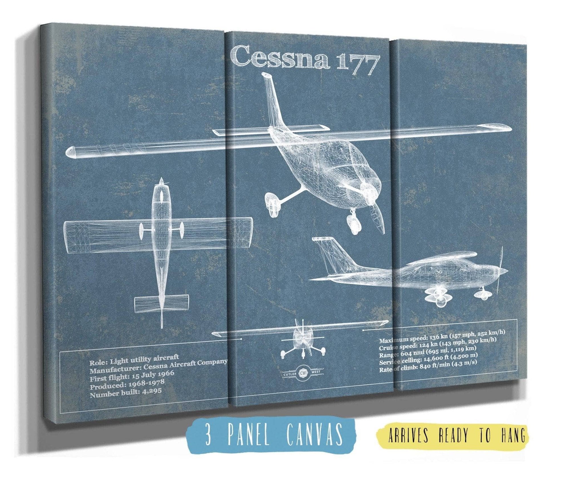 Cutler West Cessna Collection 48" x 32" / 3 Panel Canvas Wrap Cessna 177 (Cardinal) Vintage Blueprint Airplane Print 833110160-TOP