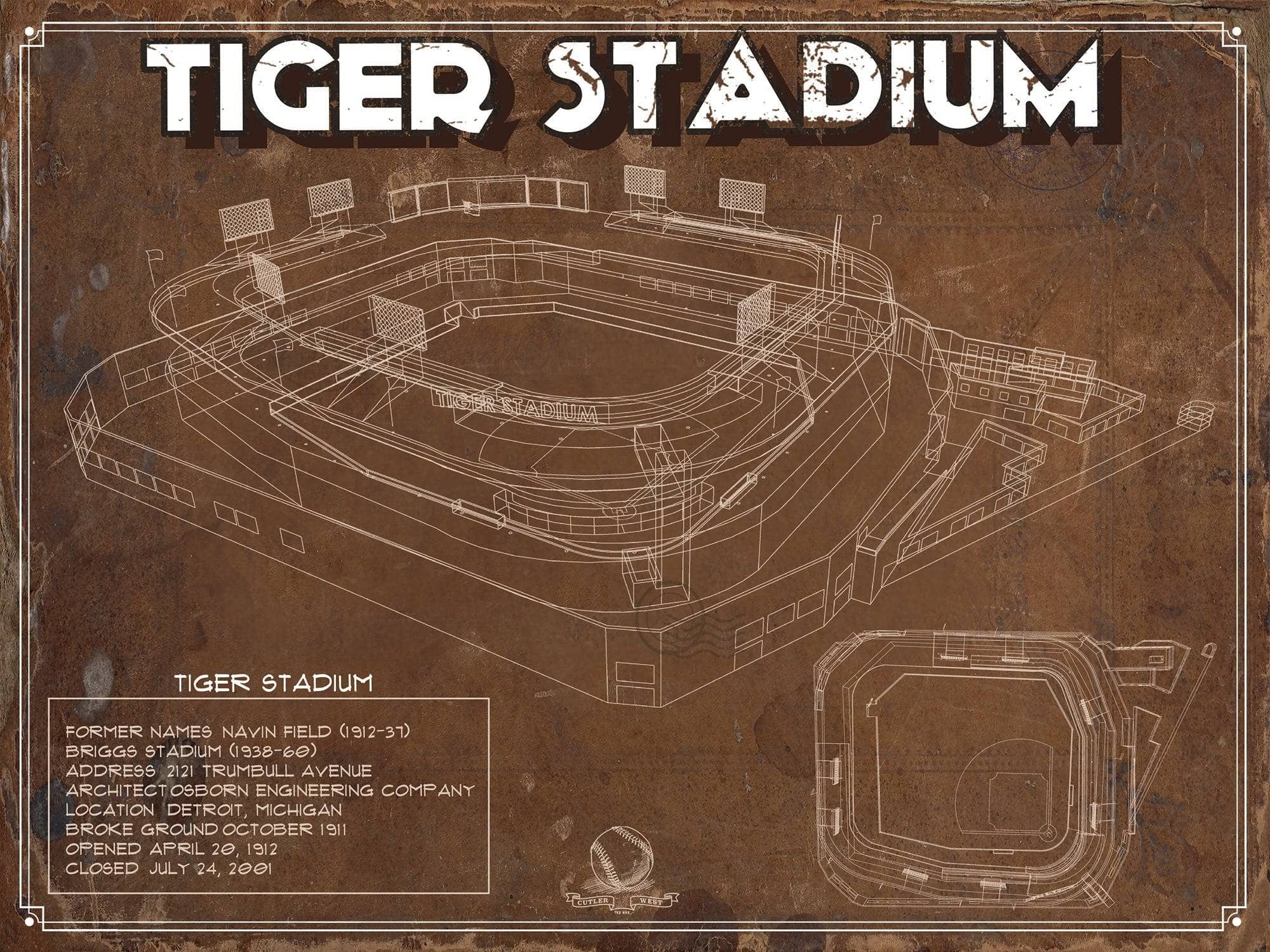 Cutler West Baseball Collection 14" x 11" / Unframed Vintage Tiger Stadium Baseball Detroit Tigers Print 737213718-14"-x-11"23542
