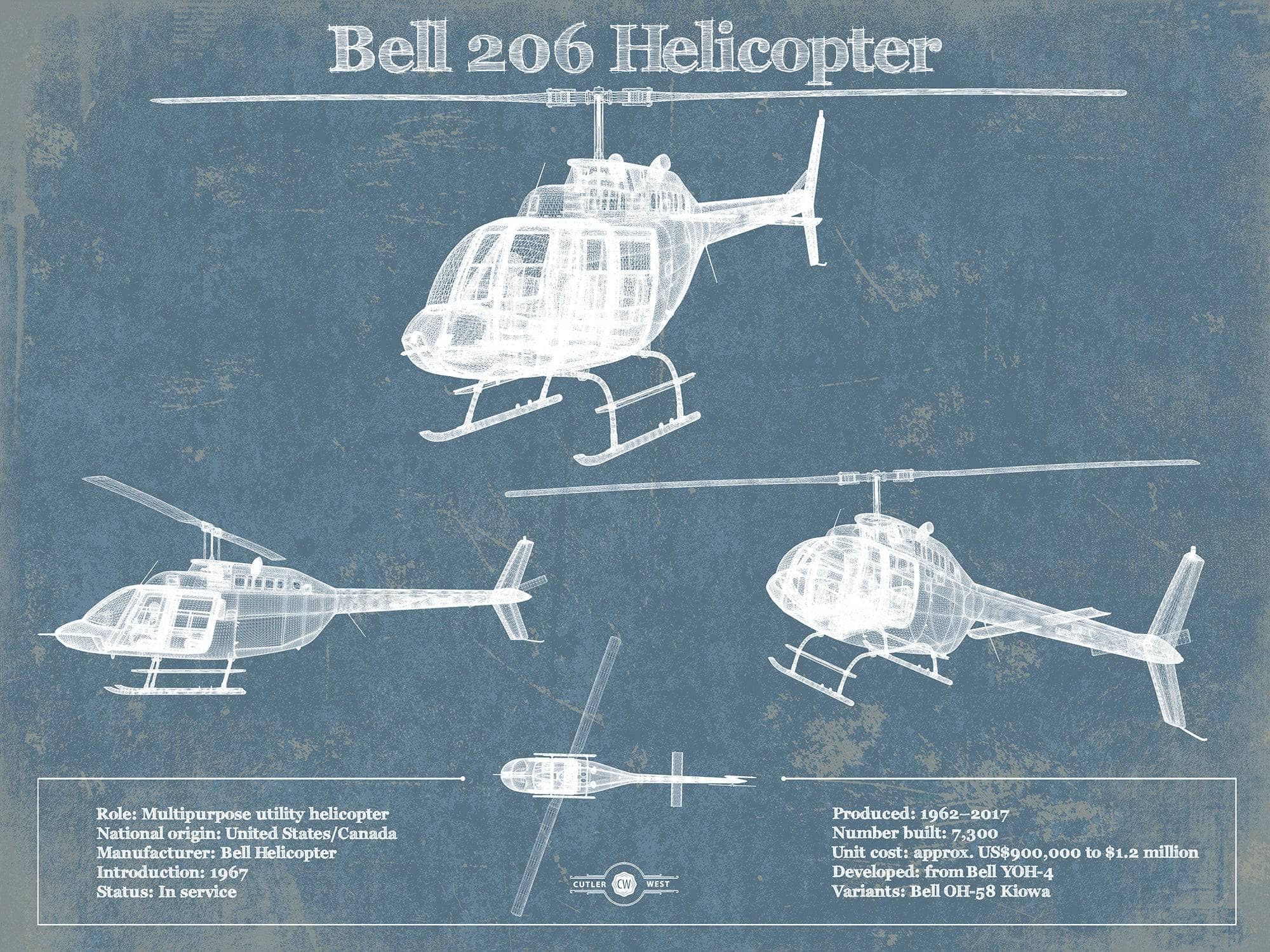 Cutler West Military Aircraft 14" x 11" / Unframed Bell 206 JetRanger/LongRanger Vintage Blueprint Helicopter Print 895482865_50321